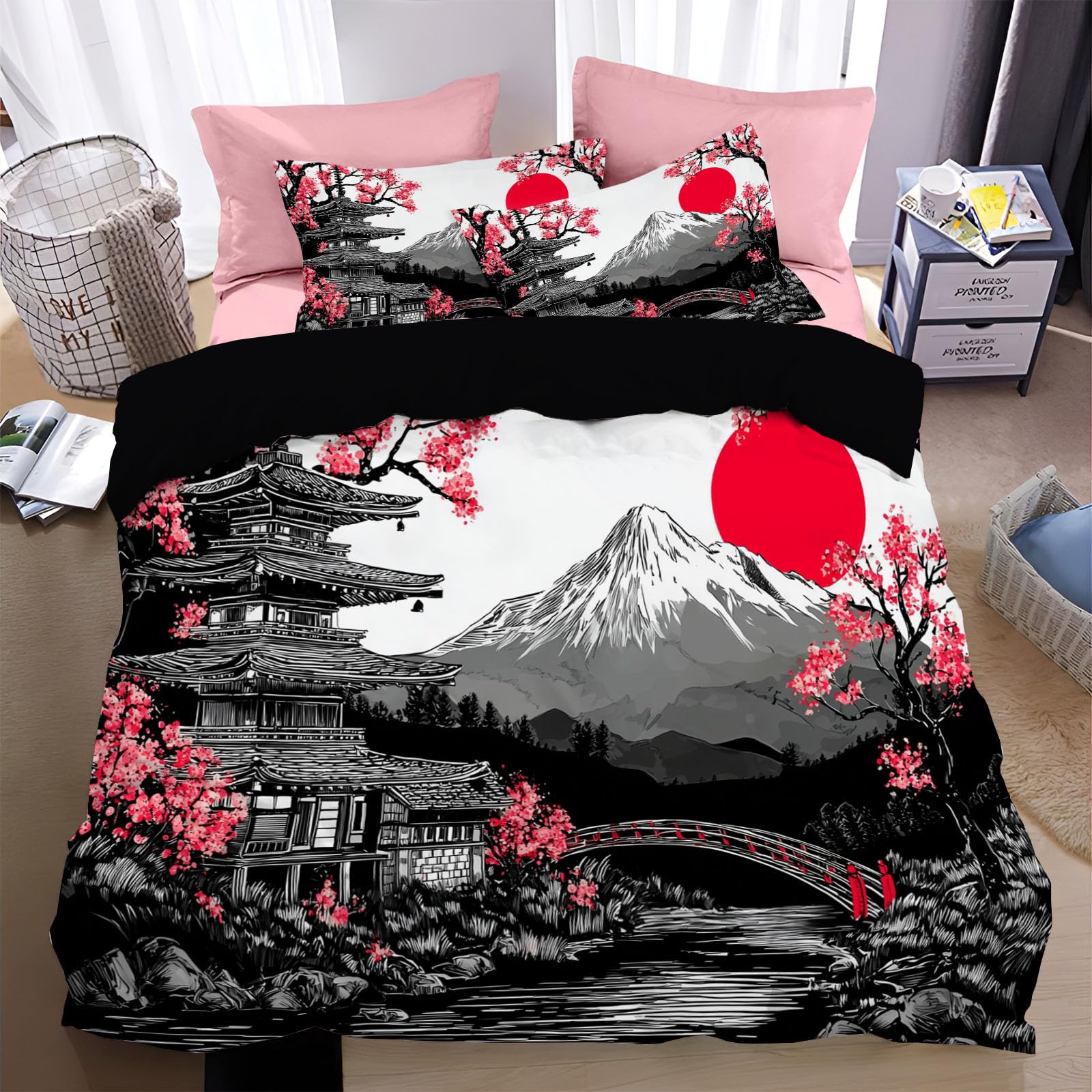 Parure de lit style peinture à l'encre : housse de couette imprimé montagne zen et cerisiers