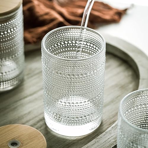 Miniatura 7 de Juego de 4 vasos altos Hobnail vasos de vidrio con cuentas en relieve con tapas y pajitas, perfectos para cócteles, anticuados, margaritas, cerveza,