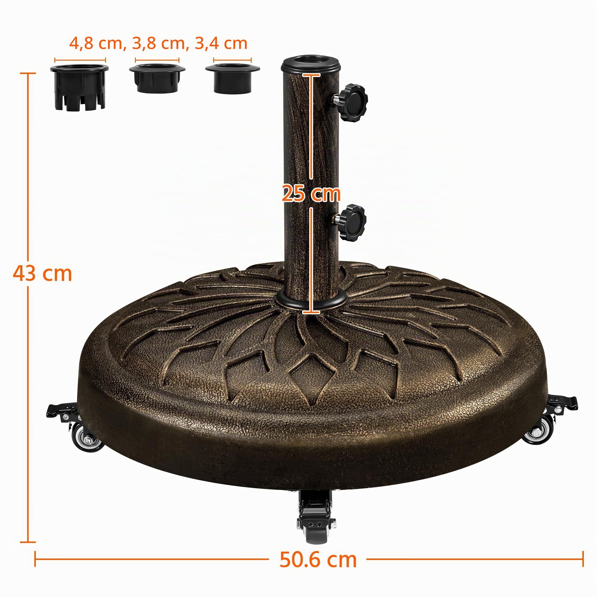 Yaheetech 24,7 kg Sonnenschirmständer mit Rollen ø50,6 cm Schirmständer Sonnenschirm Stabiler Schirmhalter für Schirmstangen von 34/38/48 mm für Garten/Balkon/Strand, Bronze