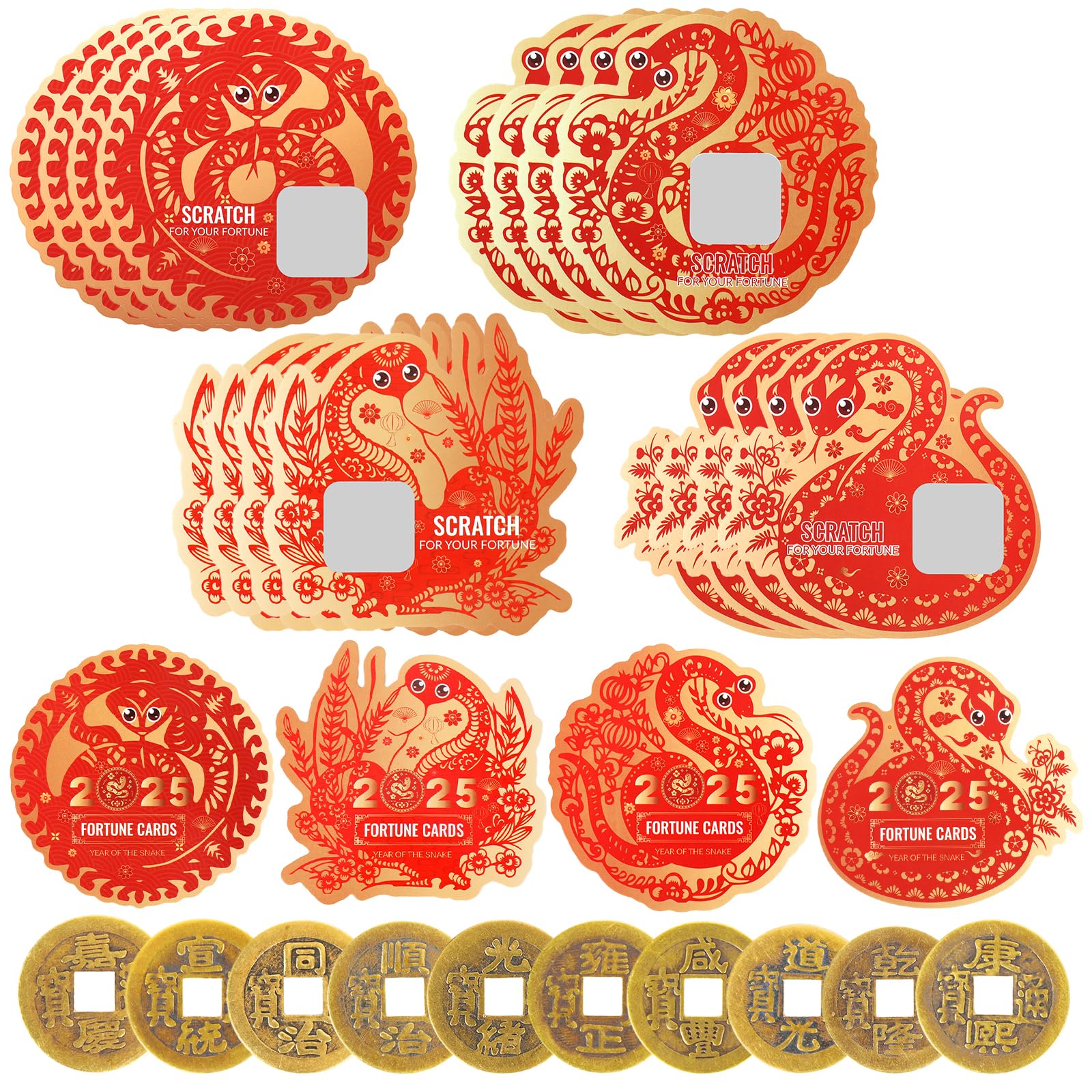 DPKOW 32pcs Chinese New Year Scratch Off Cards 2025 with 10pcs Chinese Coins, 2024 Snake Shaped Fortune Cards Chinese New Year Party Favour Supplies Spring Festival 2025 Scratch Off Card Game