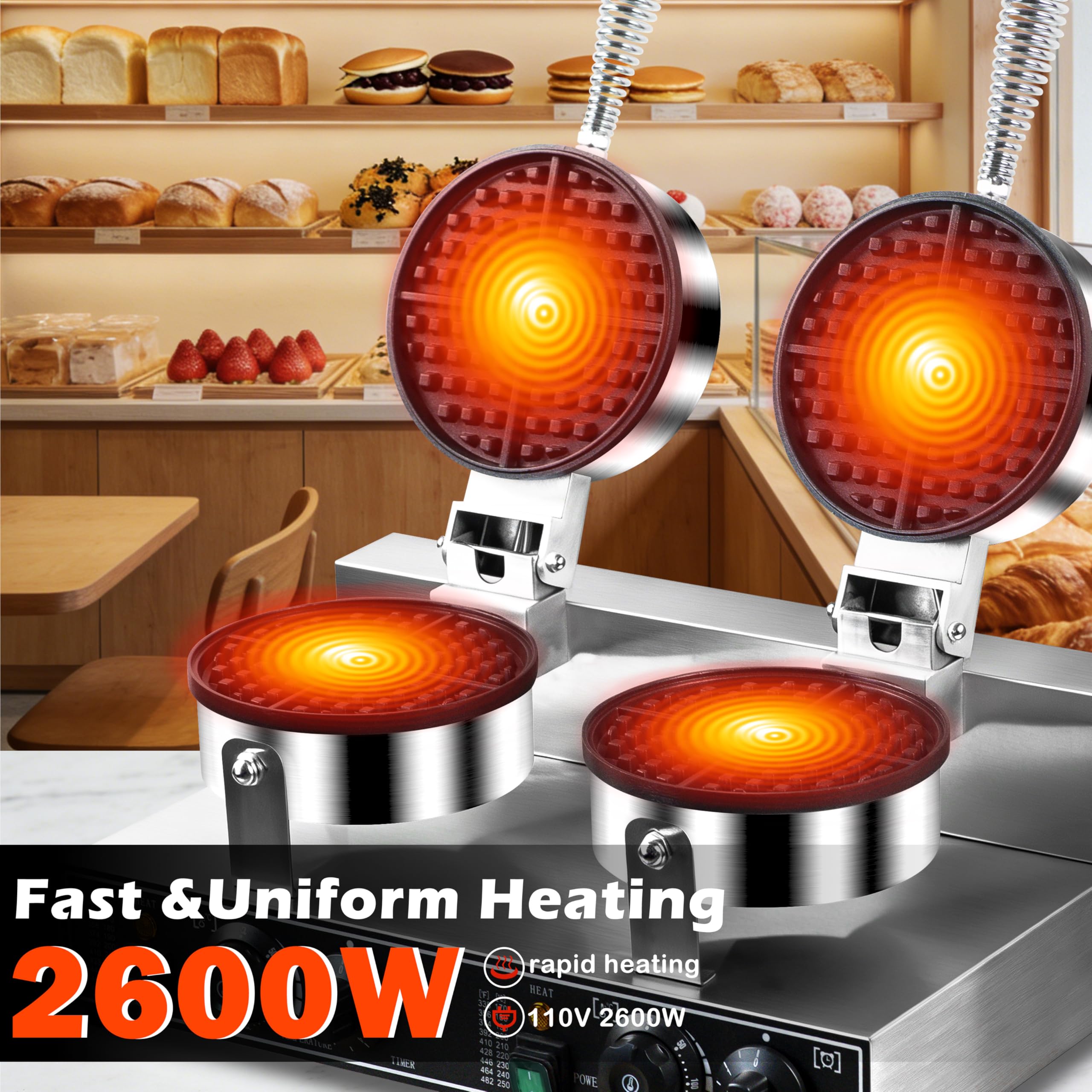 AEYDJXMER 2400 W gofrownica do gofrów, elektryczna, nieprzywierająca, okrągła, stal nierdzewna, do kuchni, kawiarni, restauracji