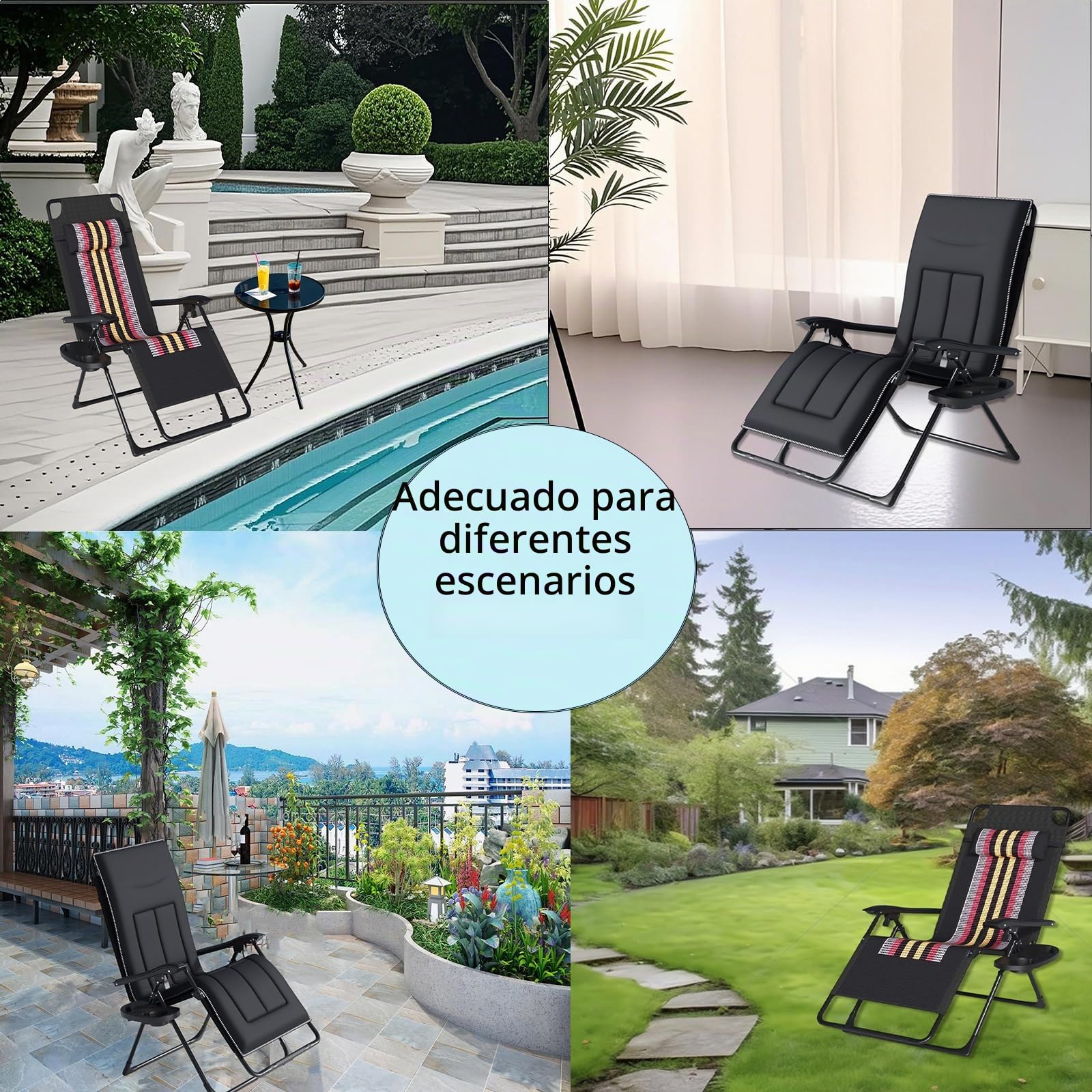Gravedad Cero Tumbonas Jardin Exterior Plegable,Sillas Acolchadas Reclinables o Hamacas para Playa, Terraza y Camping,Plegable, Ahorra Espacio. (1, Rayas Negras)