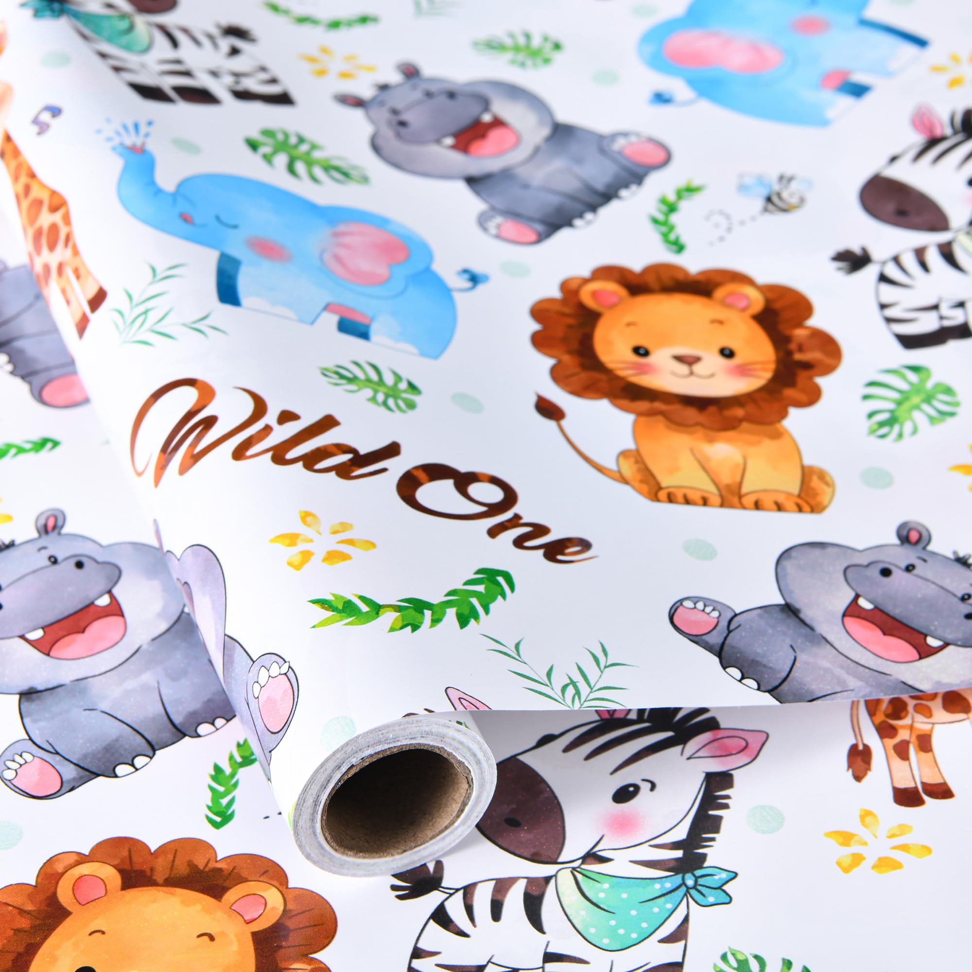 Titiweet Safari Baby Shower Wrapping Paper - 17 in x 16.4 ft - Cute Jungle Animal Gift Wrap Roll Elephant Giraffe Hippo Zebra Lion, Wild One Birthday