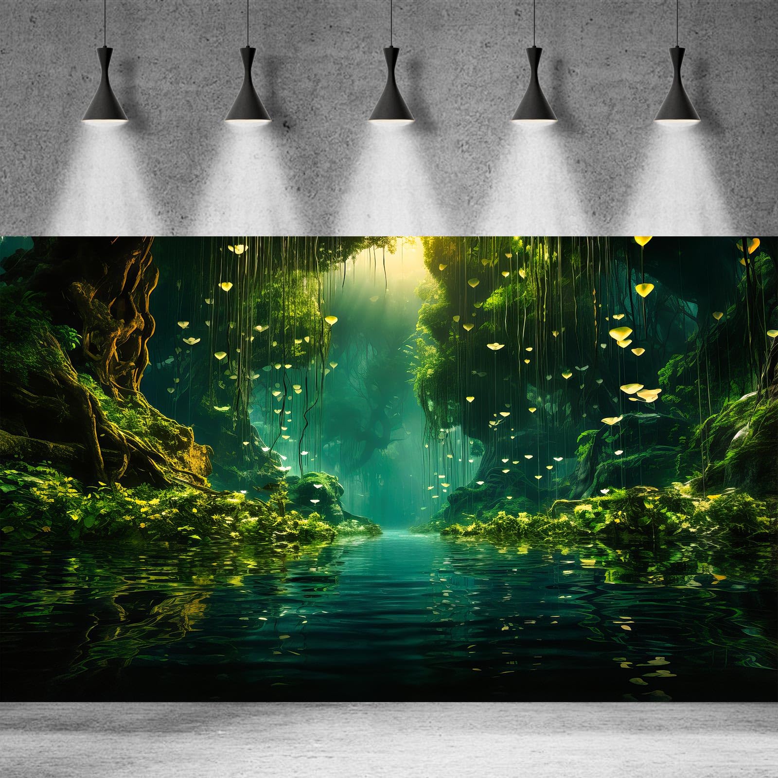 Fondo de acuario de selva densa, bosque lluvioso, lago tranquilo, terrario, fondo de niebla rayos de sol, bosque, estilo selva, fondo de fondo para peceras, decoración de póster de vinilo,