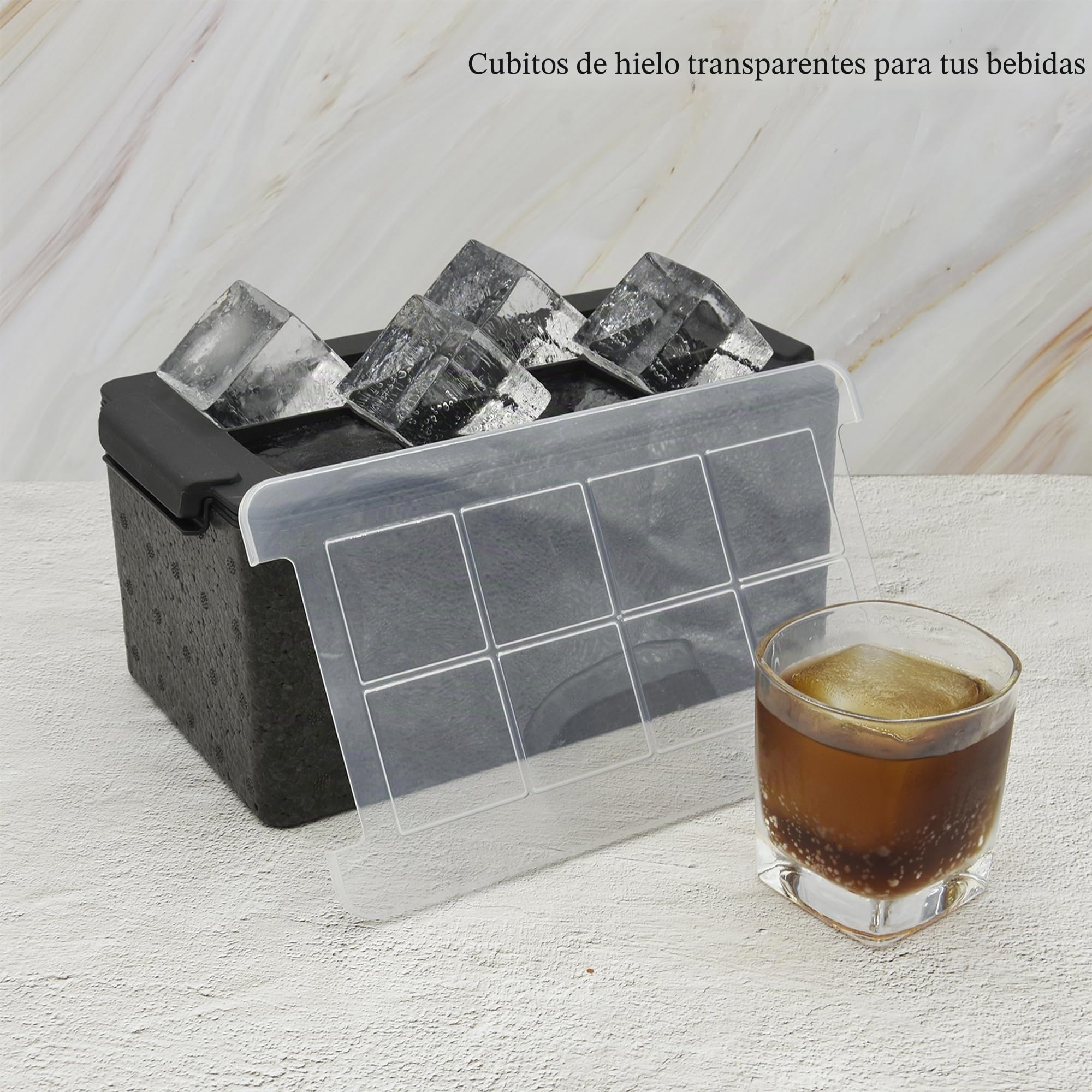 Bangp Molde para hacer 8 cubitos de hielo grandes cuadrados transparentes de 2 pulgadas para whisky, cóctel, bourbon y bebidas, con bolsa de almacenamiento