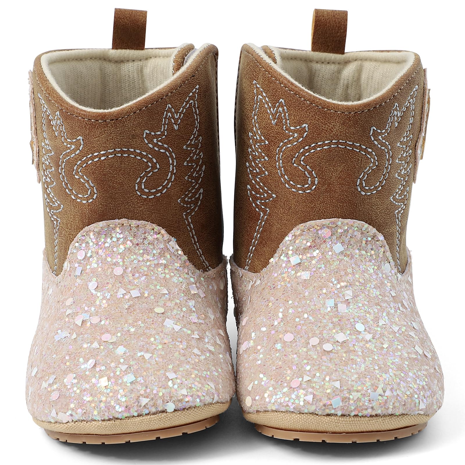 LACOFIA Buty niemowlęce dla dziewczynek, buty do nauki chodzenia, Bling Bling Bootie, kowbojki, buty westernowe z antypoślizgową miękką podeszwą, dla dzieci w wieku 3-18 miesięcy