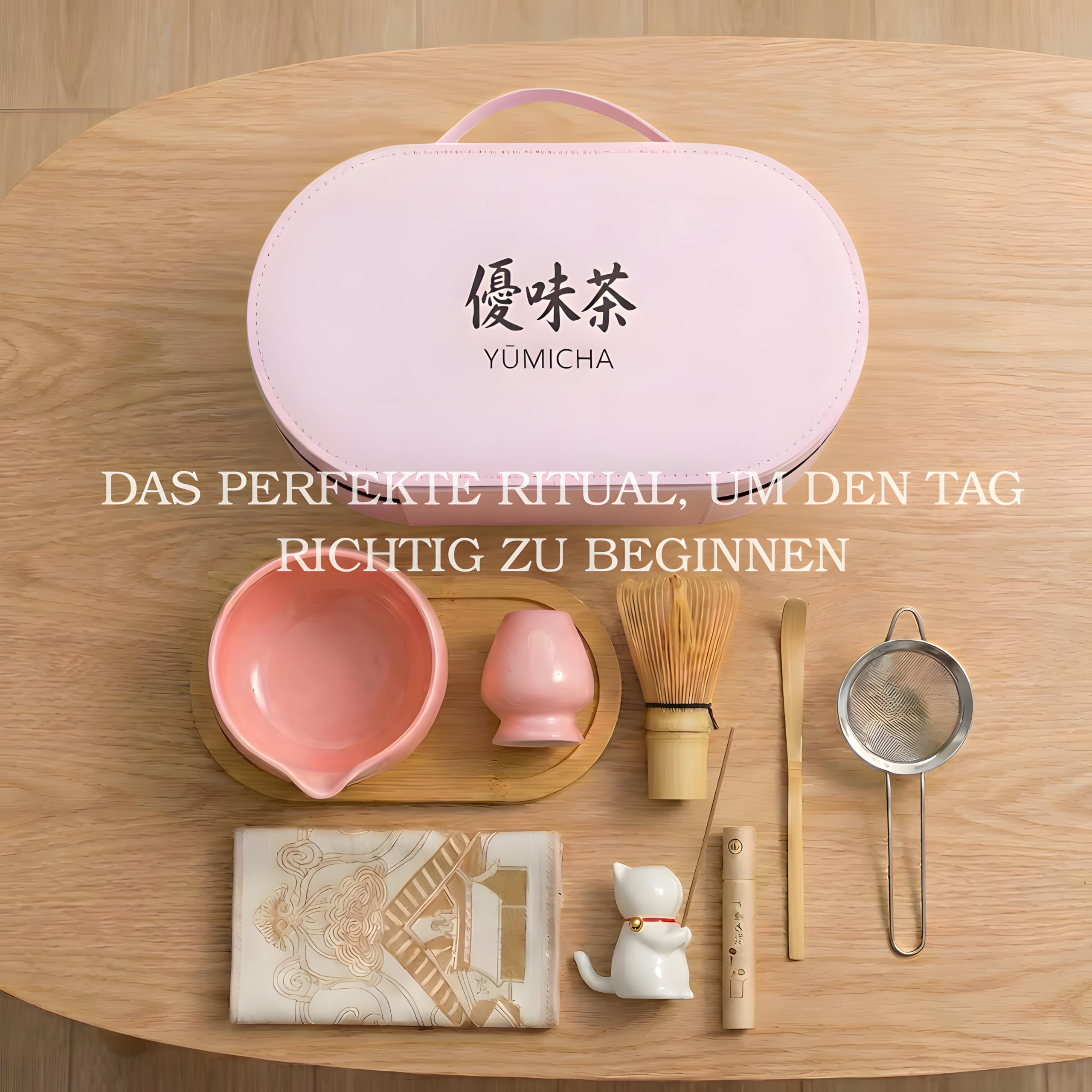 Matcha Set mit Bambusbesen, Keramikschale & Sieb – Matcha Tee Starter Set inkl. Löffel, ideal als Geschenk – Premium Matcha Kit – Rosa