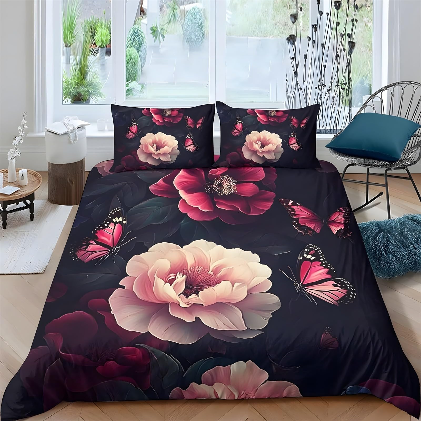 Ypthriline Super King Duvets Set Peonies Bedding Set Microfiber Dark Night Duvet Covers with Pillowcases Reversible Bedding With Zipper Closure 260x220CM