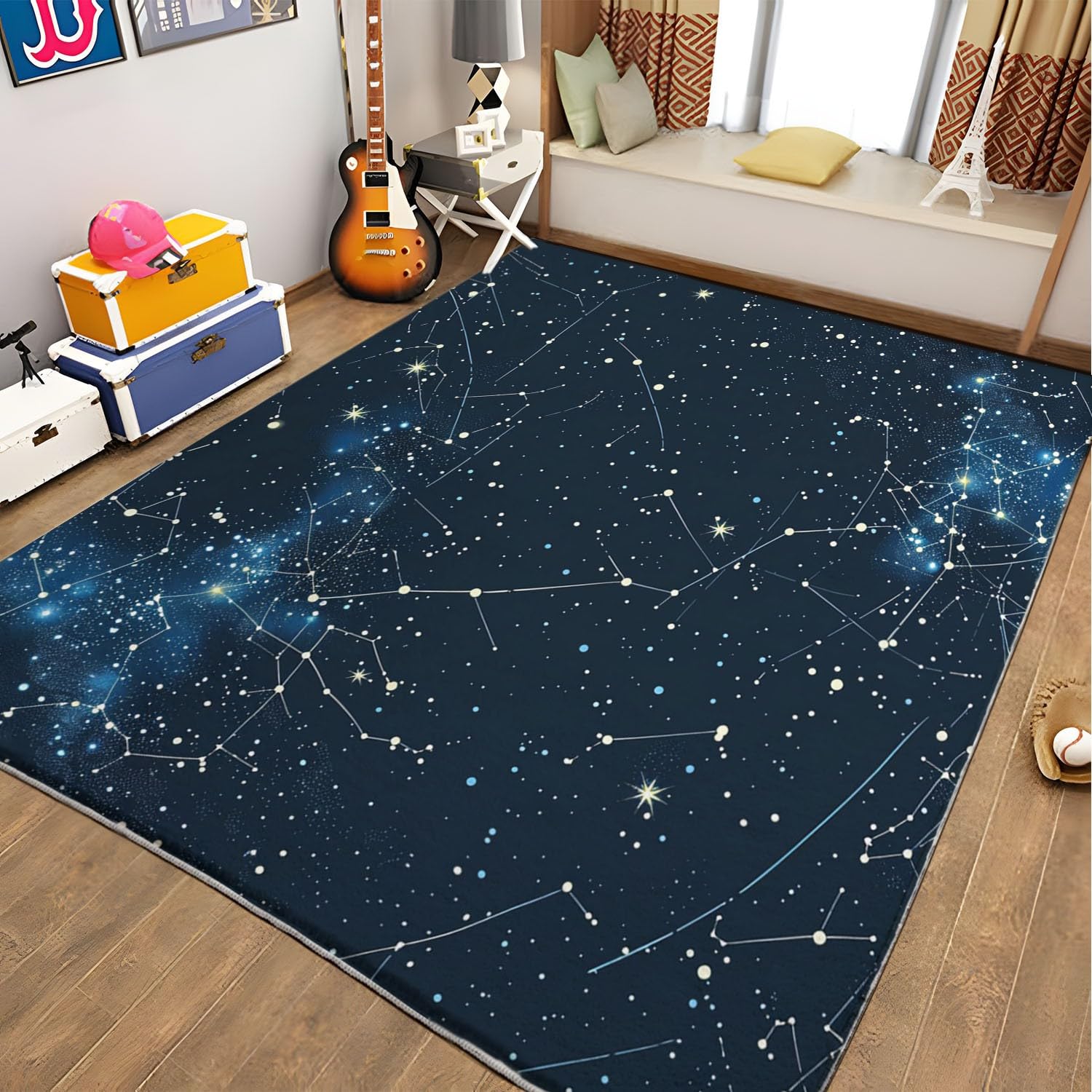 Tapis antidérapant 120 x 170 cm Runner à Poils Courts Galaxie Constellation pour Salon, Bleu Marine Tapis rectangulaire Doux pour Chambre - décoration Maison Runner Lavable Couloir