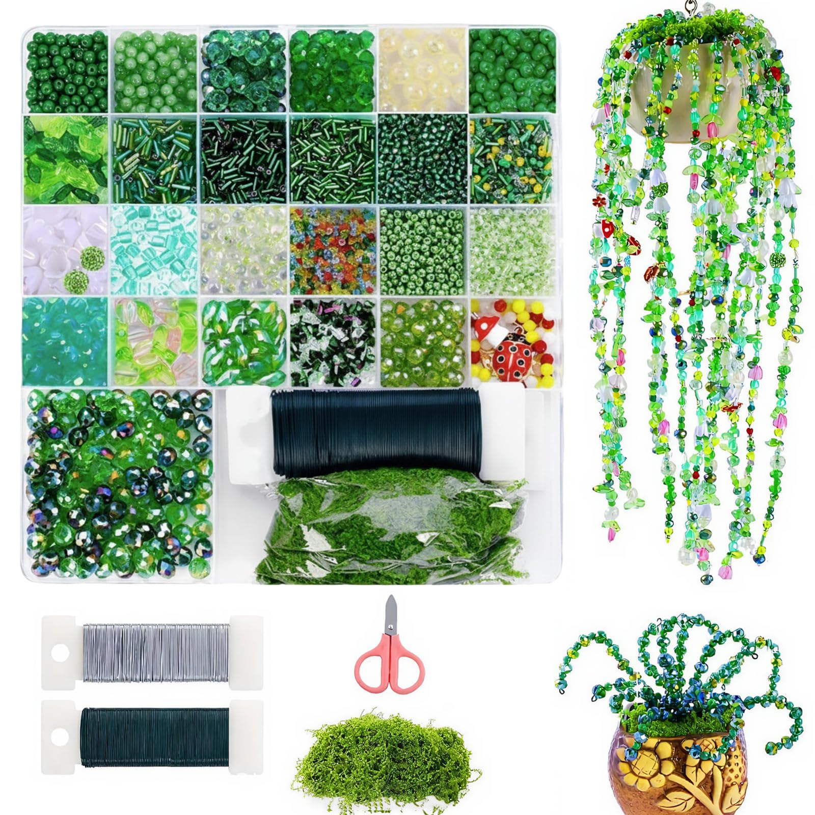 5422Pcs Green Beaded Plant Kit,DIY Charm Beads for Succulent Plants Making，Featuring Crystal Beads & Leaf Shapes,Green Beads for Crafting,Home Decor & Jewellery