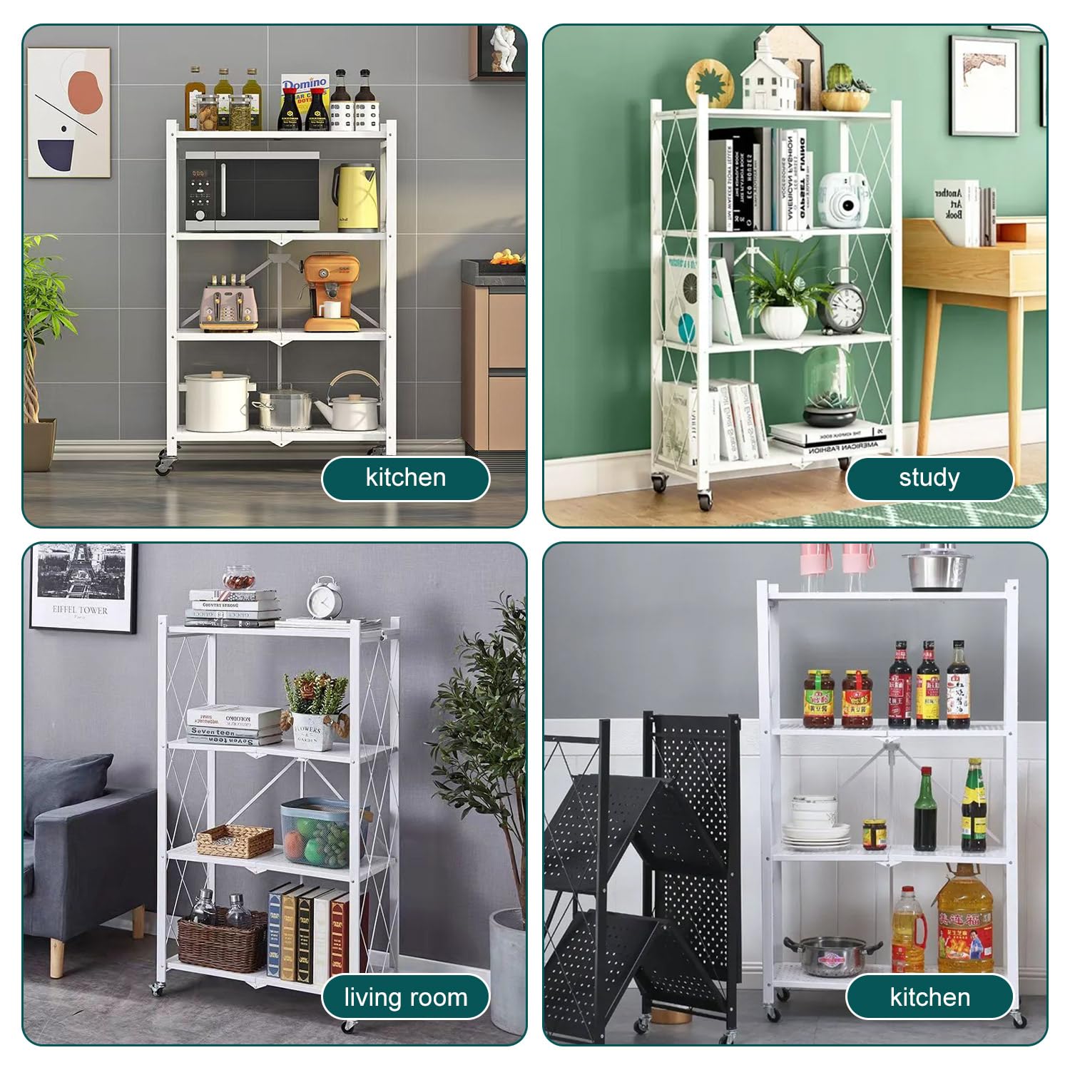 Estantería plegable de 4 niveles, armario multiusos de metal con ruedas, 80 kg, para cocina, baño, salón (blanco)