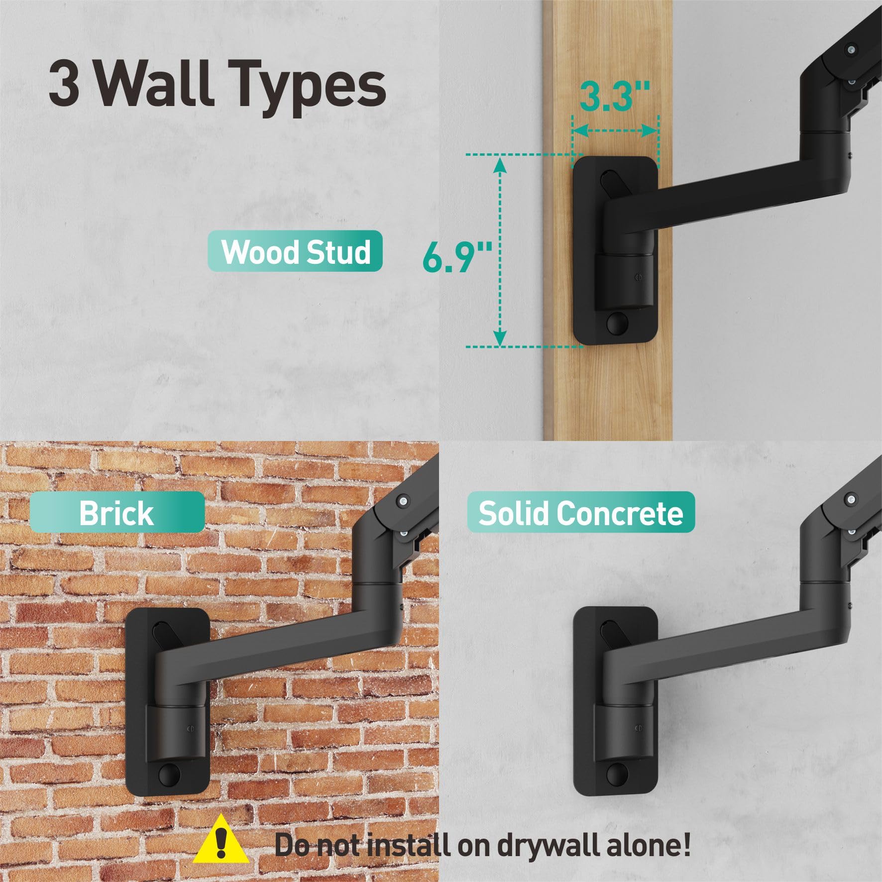 WALI Supporto da parete per monitor singolo, per schermi da 17" a 49", supporto da parete per monitor Ultrawide con braccio completamente regolabile a molla a gas, supporta fino a 20 kg, VESA 75 e 100