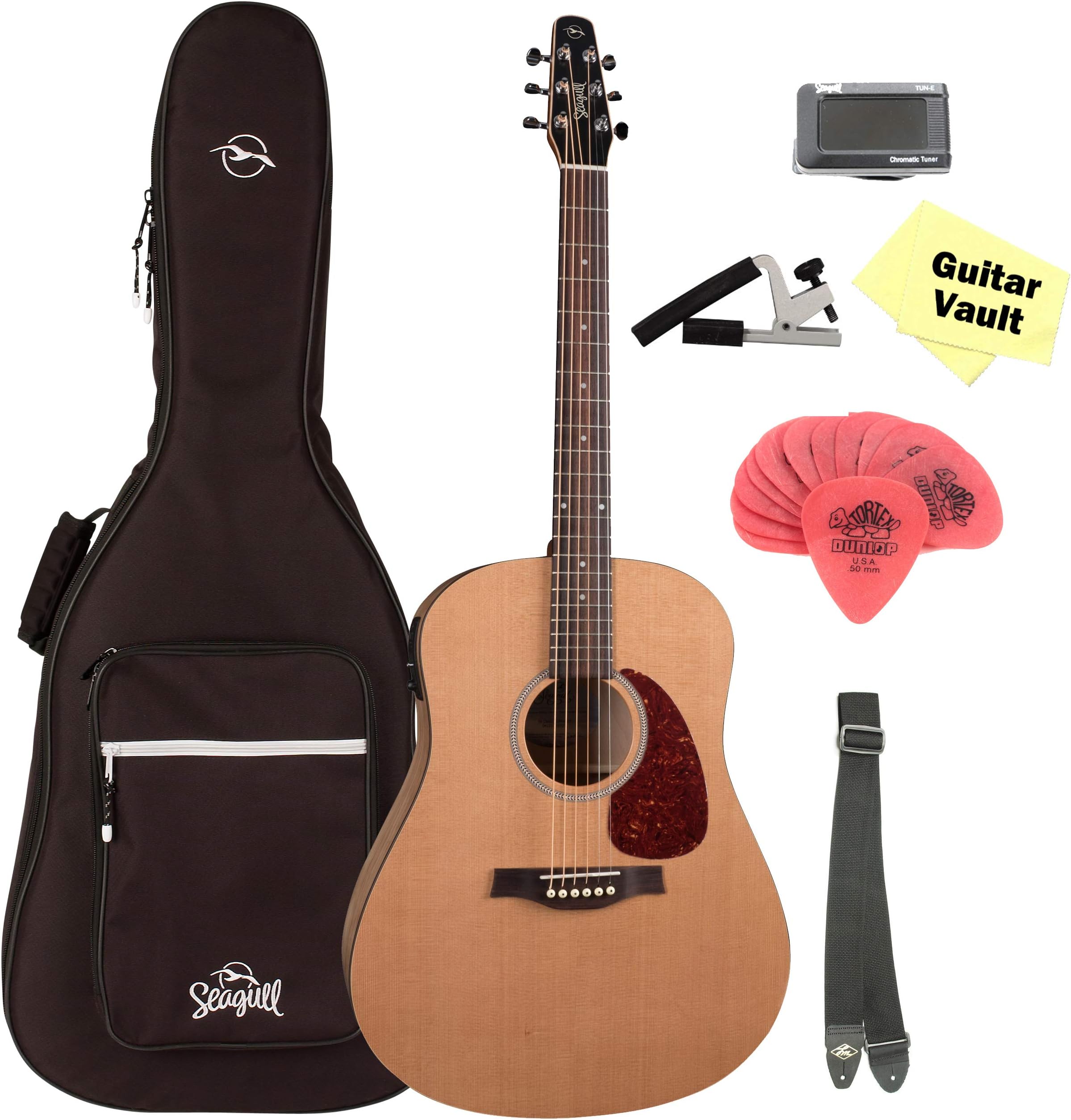 Seagull S6 Classic Acoustic-Electric Guitar With B-Band M-450T with Seagull Dreadnought Gig Bag, Tuner, Strap, Capo, Picks, and Polishing Cloth