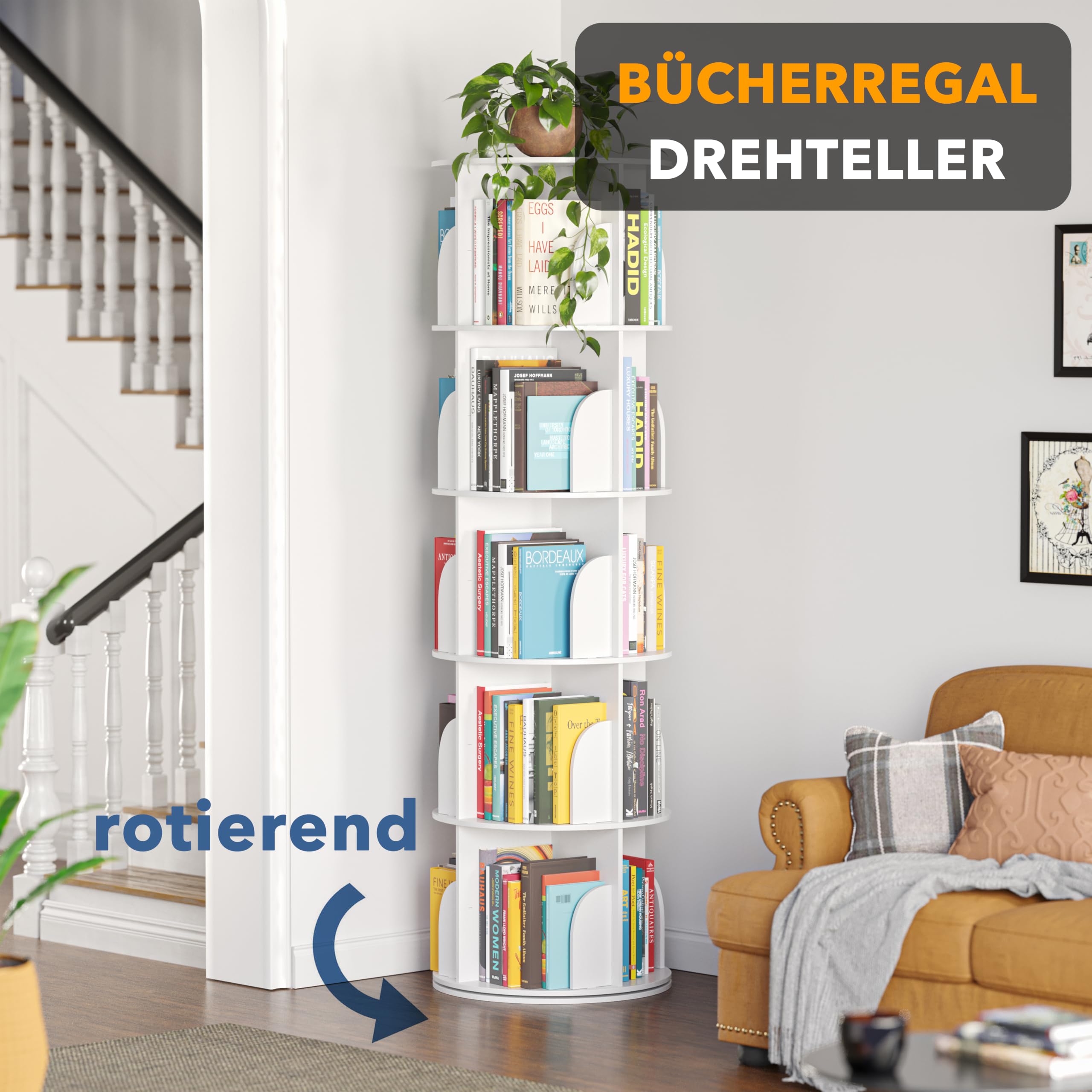 SpaceAid 5-Etagen-Drehbares Bücherregal, Lazy Susan, 360°-Drehung, Aufbewahrung, Rundes Karussell, Eck-Organizer, Weiß