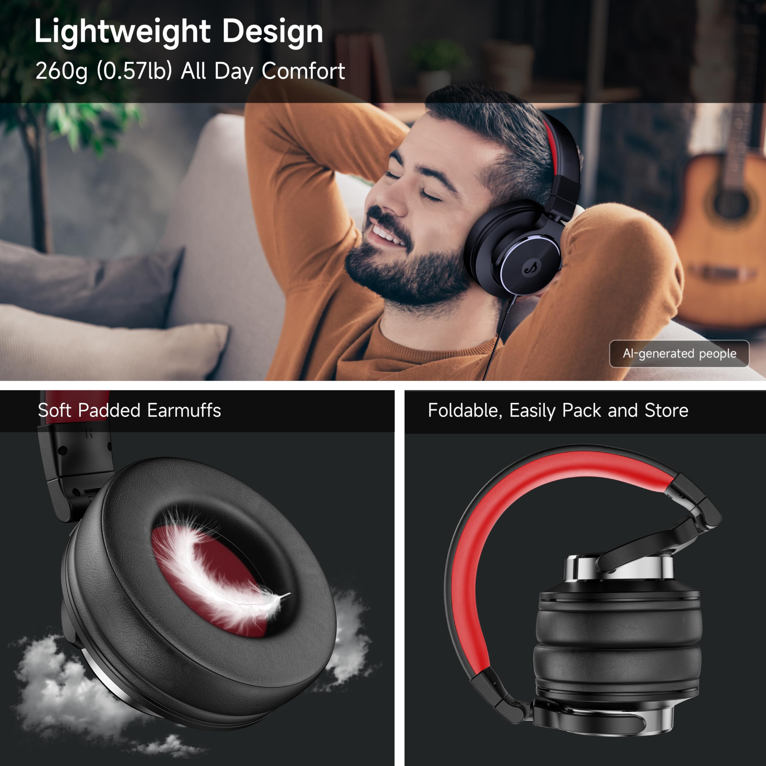 syndesmos Casque filaire supra-auriculaire, moniteur de studio et casque DJ mixeur avec pilotes en néodyme de 50 mm et prise jack 1/4 à 3,5 mm pour guitare, podcast, ampli et clavier de piano (noir