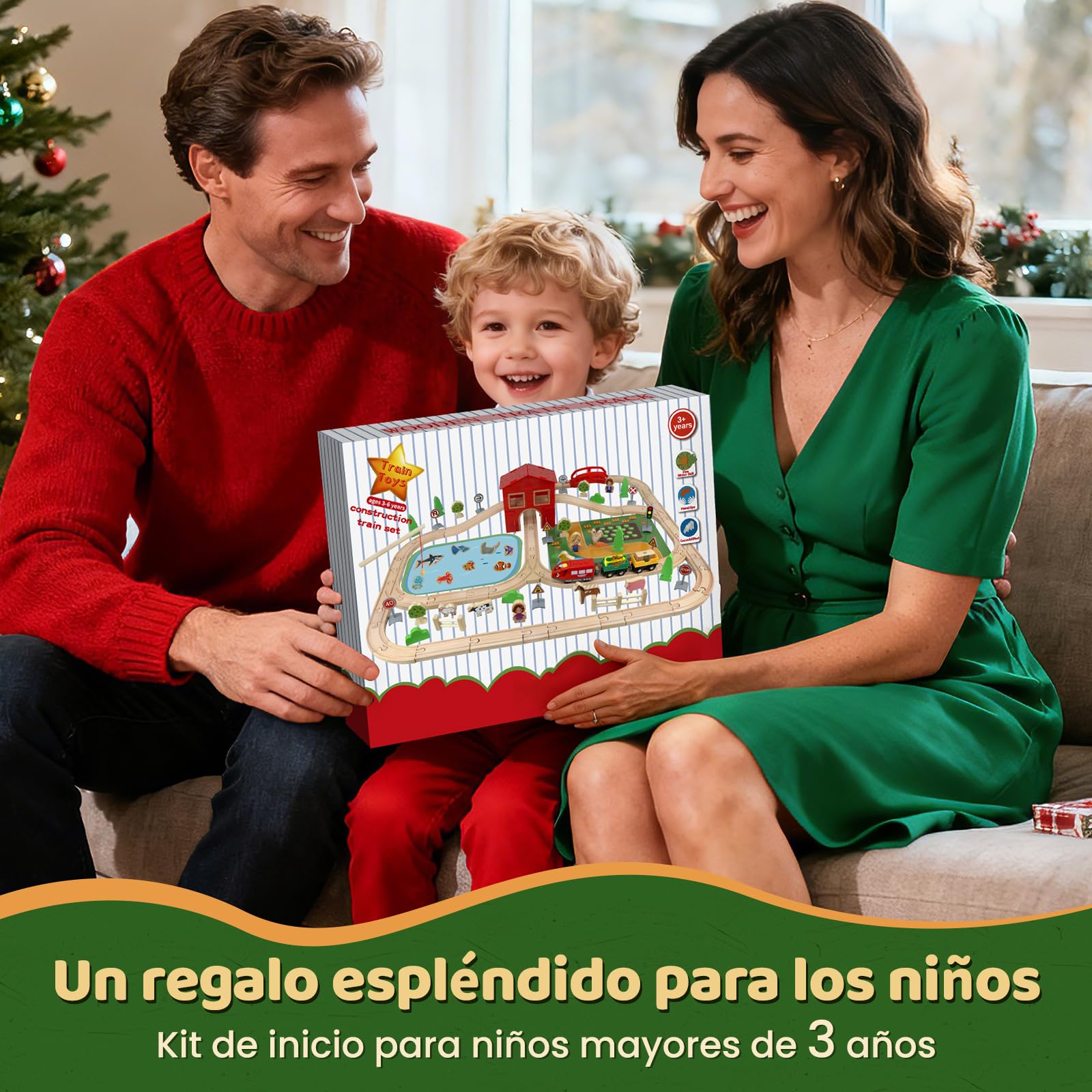 Juego de Tren de Madera, 100 Piezas Tren Madera Juguete, Granja Juguete Donde se Puede Pescar con Estanque, Granja, Animalitos Cumpleaños y Navidad para 4 5 6 7 8 Niños