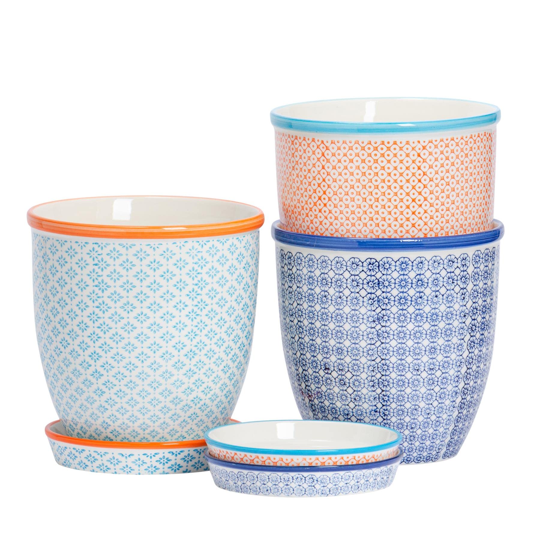 Nicola Spring Handgedruckte Pflanzentöpfe Mit Untertassen - 20,5cm - 3 Farben - Pack Von 3