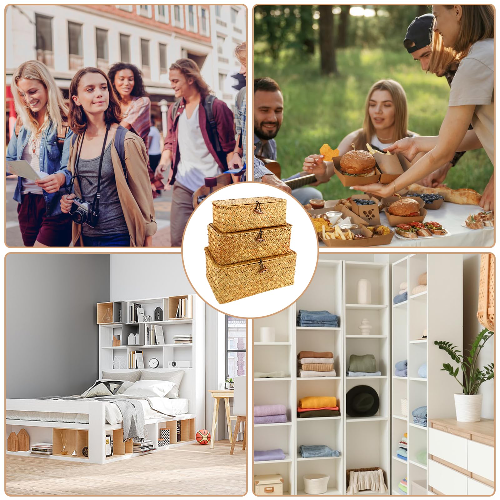 APACALI 3 Pezzi Cestino in Rattan, Cesto Rettangolare in Crine Vegetale con Coperchio, Cesto Naturale Intrecciato in Crine Vegetale, Cestini in Vimini per Scaffali, Organizzazione in Crine Vegetale