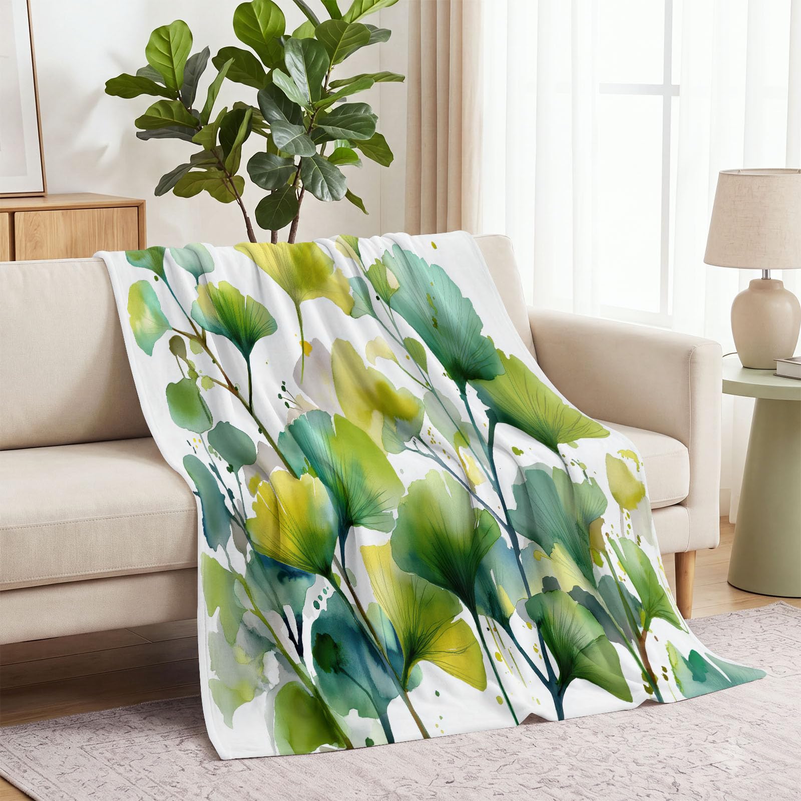 Narzuta z polaru flanelowego, akwarelowa, podwójna, 200 x 220 cm, naturalne liście miłorzębu, miękki, przytulny, flanelowy, narzuta na łóżko i kanapę, lekka pościel dla dzieci i dorosłych, zielony