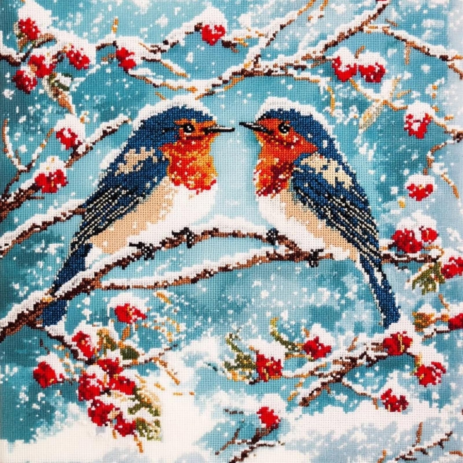 WallustrioaW Cross Stitch Embroidery Cushion Kits,Birds in the Snow Stitched Pillow Cover Kit for Adults Beginners 11ct Needlework Set Decoration 18x18in