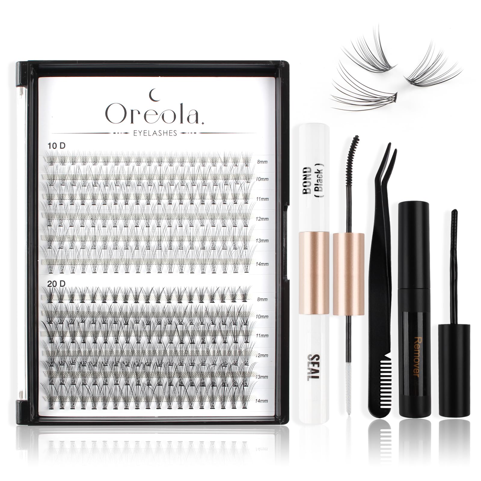 Oreola 228PZS Kit de pestañas individuales con Bond&Seal, pinzas, removedor de pegamento para pestañas, Kit de pestañas naturales para extensiones de pestañas caseras en casa (0.1C 8-14 mm 10D+20D)