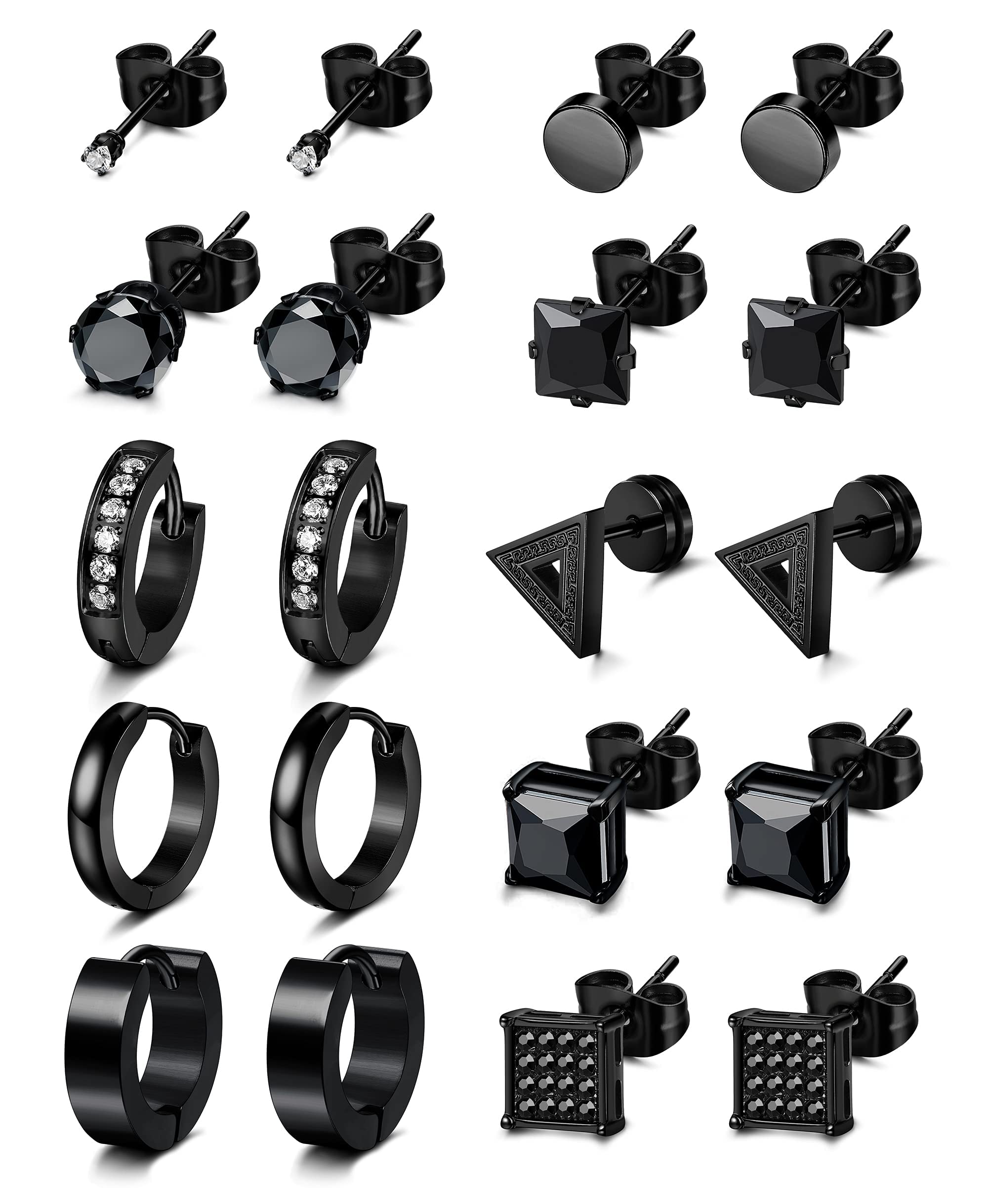 JeweBella 10 Pares Pendientes Hombre Acero Inoxidable Negro Punk Pendientes Cubic Zirconia Pendientes de Aro Conjunto Piercing Hipoalergénico para Hombres Mujeres