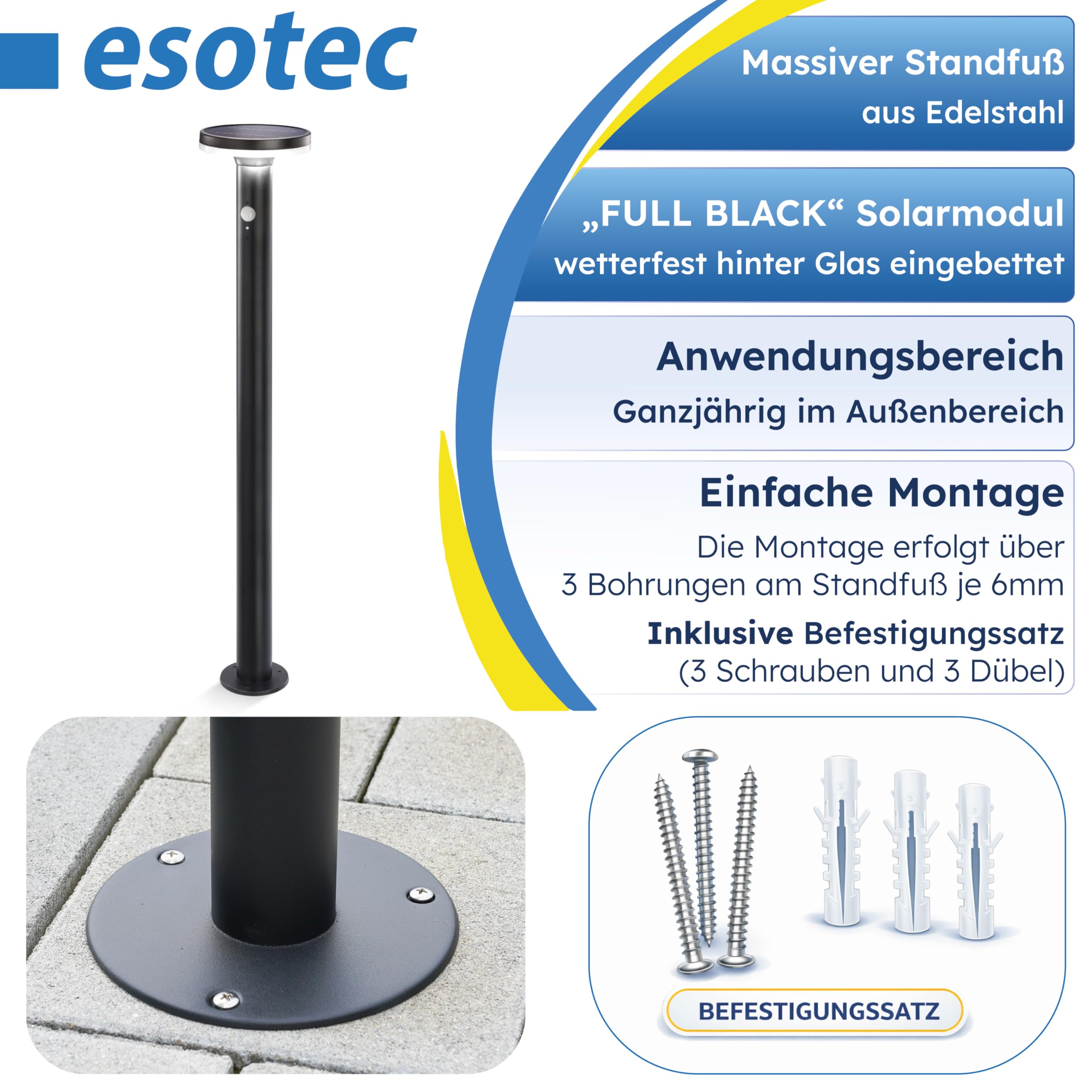 esotec Solar Wegeleuchte Mia 85 cm, Solarleuchte mit Bewegungsmelder, 600 lm, Solar Pollerleuchte mit 3 Leuchtmodi, IP44, 102593
