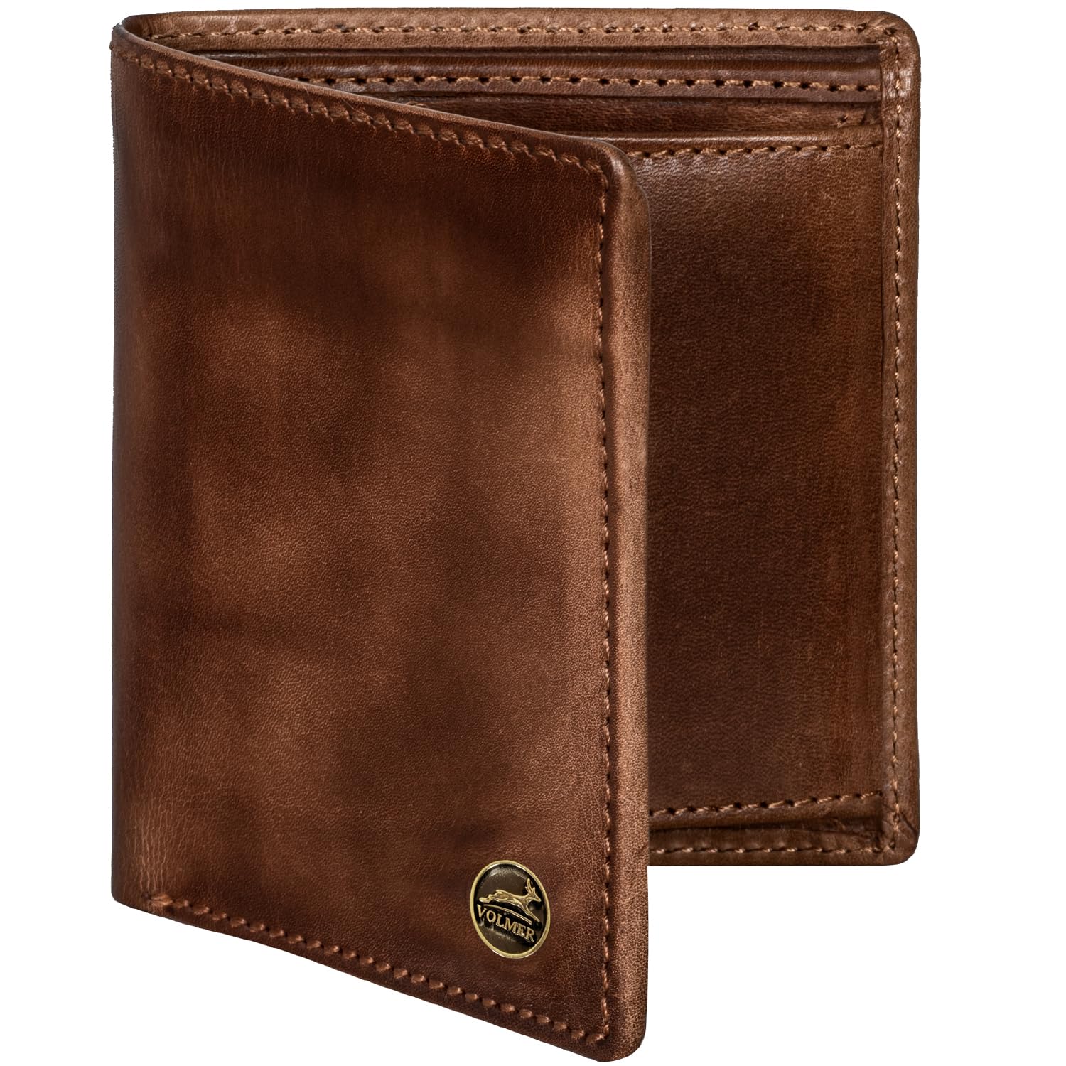 Fa.Volmer VO47 - Cartera de piel auténtica, protección RFID, 9 compartimentos para tarjetas y monedero, incluye caja de regalo, marrón envejecido, medium, Clásico