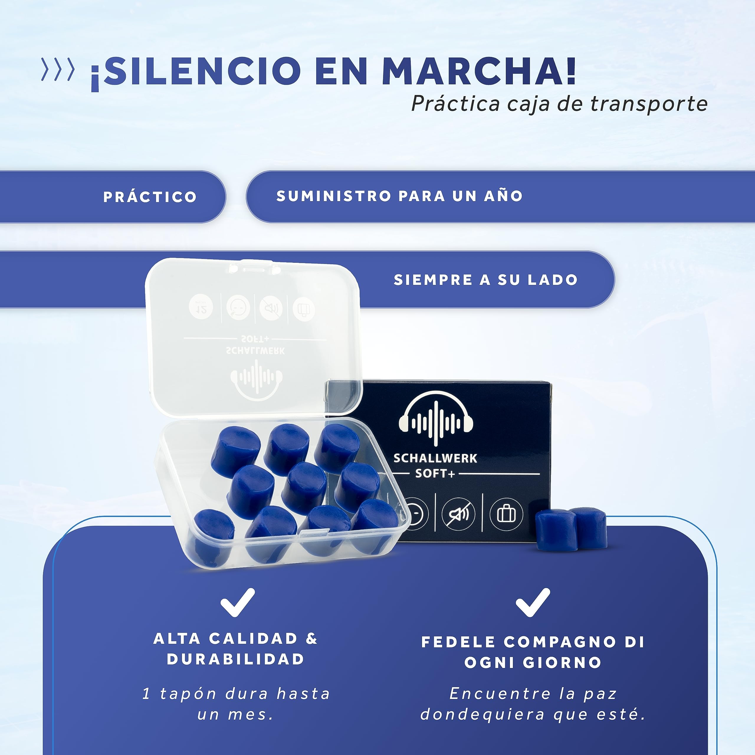 Schallwerk® Soft+ 12 tapones para los oídos de silicona - tapones para los oídos suaves para dormir - cancelación del ruido - auriculares antiruido para dormir (Azul Oscuro, 12 piezas)