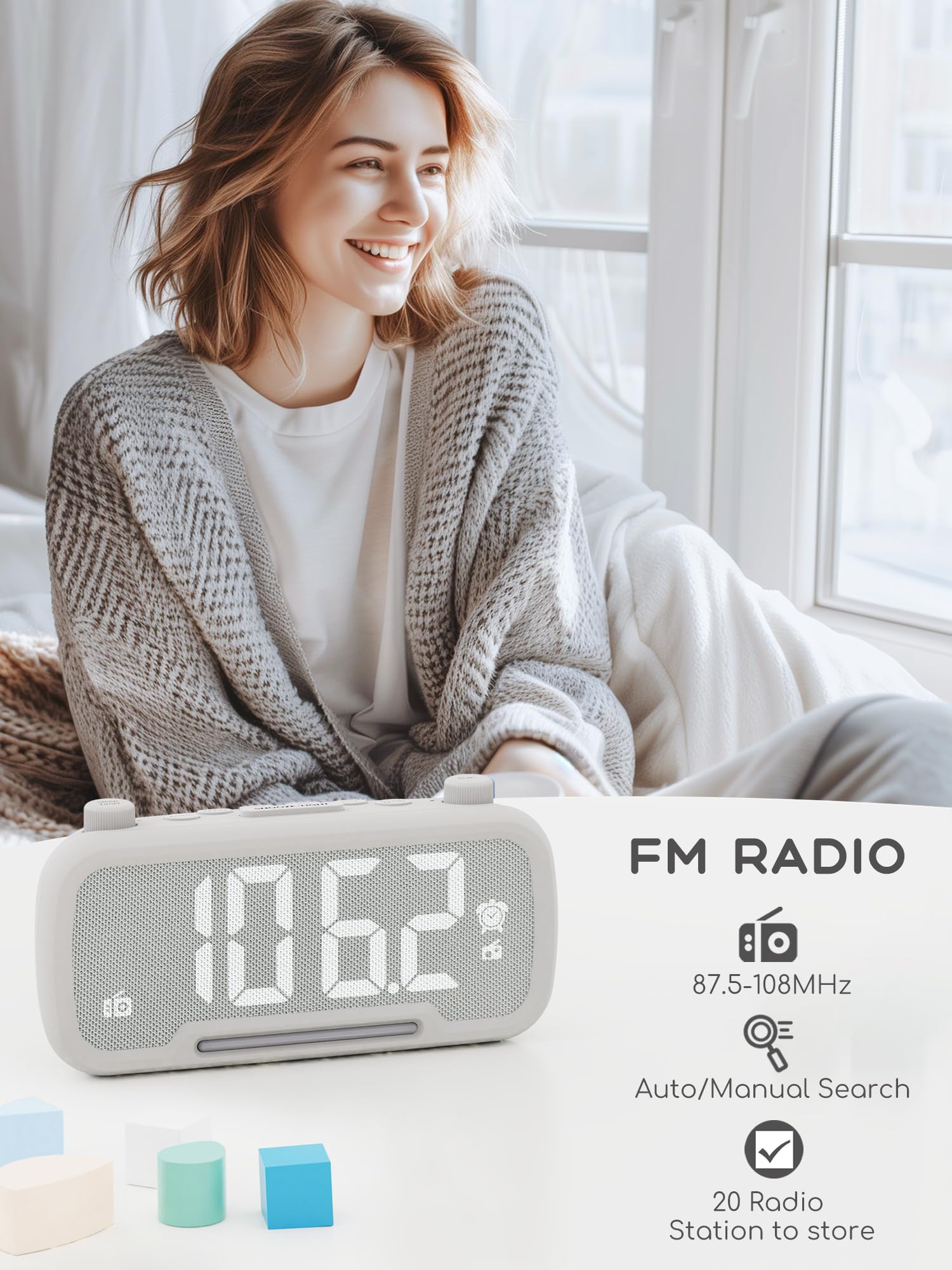 ROCAM Radiosveglia digitale camera da letto con luce notturna calda e Bluetooth, sveglia digitale con luminosità regolabile, snooze, radio FM, sleep timer, porta di ricarica USB A e tipo C