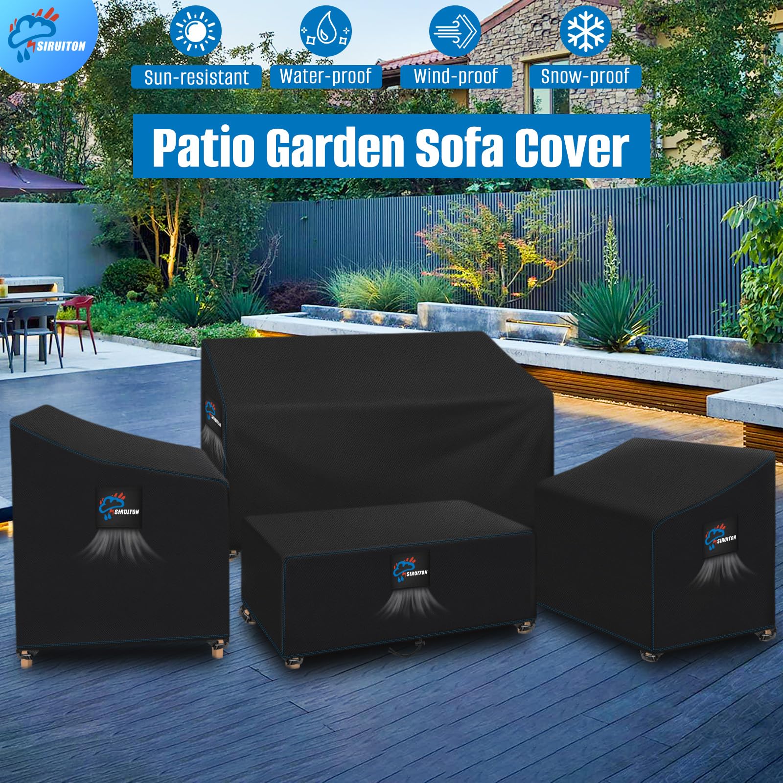 SIRUTON Housse De Meubles De Patio 4 Pièces Véranda Extérieure Ensemble De Housses De Meubles De Jardin De Patio Étanche Meubles Housse, Meubles Bâche Salon de Jardin Imperméable Anti-UV, Noir