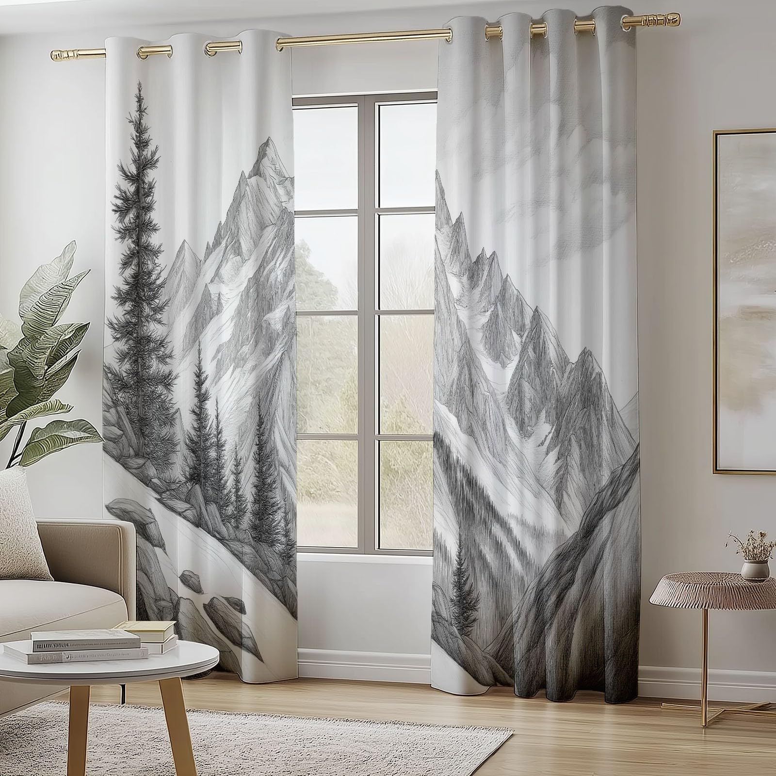 Blackout Curtains Bedroom Simple Hand-Painted Style Mountain Pattern, Geo-Thermal Insulated Energy Efficiency Window Treatment Sets Grommet Drapes for Kids Room 52