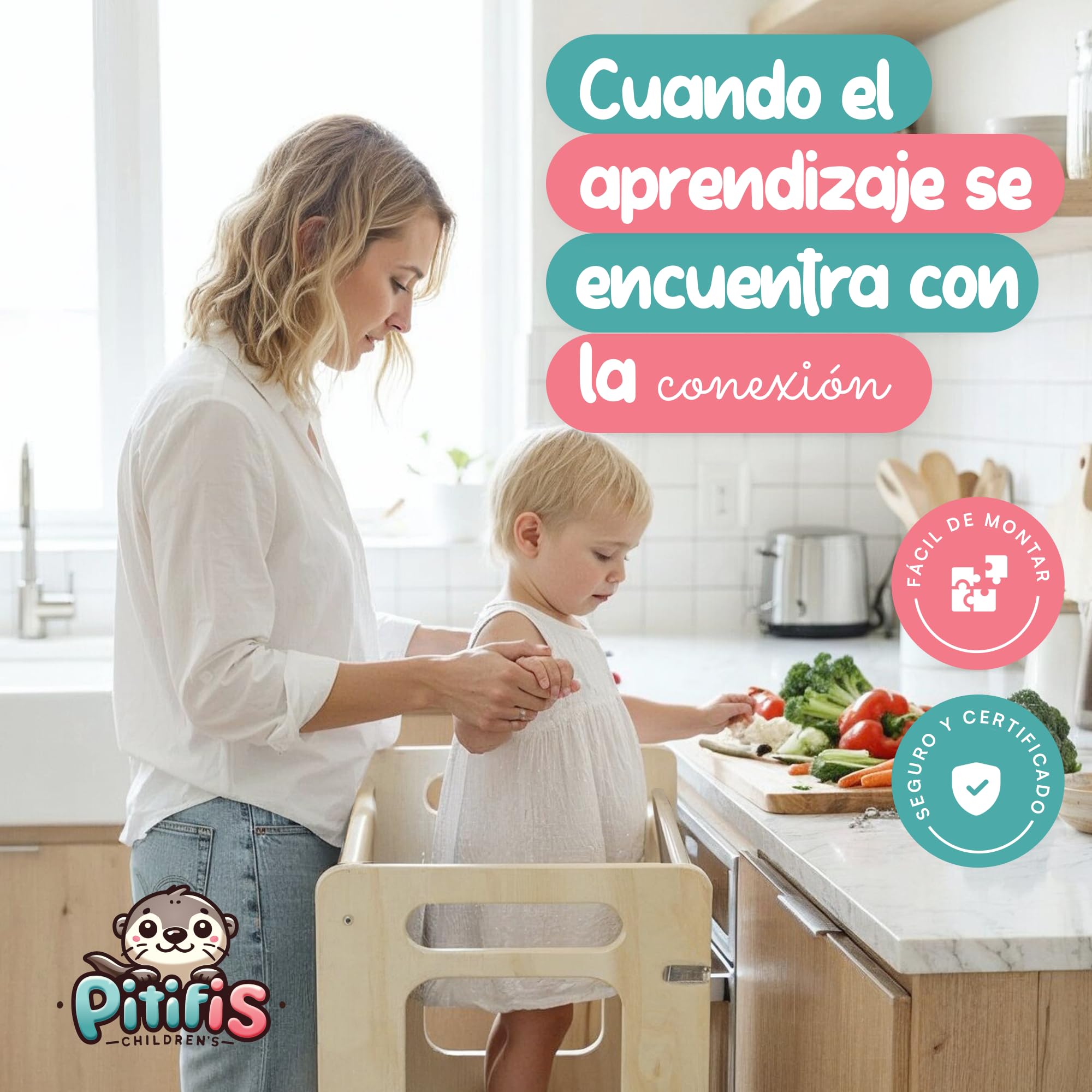 Torre de Aprendizaje Montessori 4 en 1 Pitifis | Torre de Aprendizaje para Niños con Pizarra y Escritorio | Taburete Cocina Infantil de Madera | Diseño Estable y Seguro | 90 x 31 x 45 cm