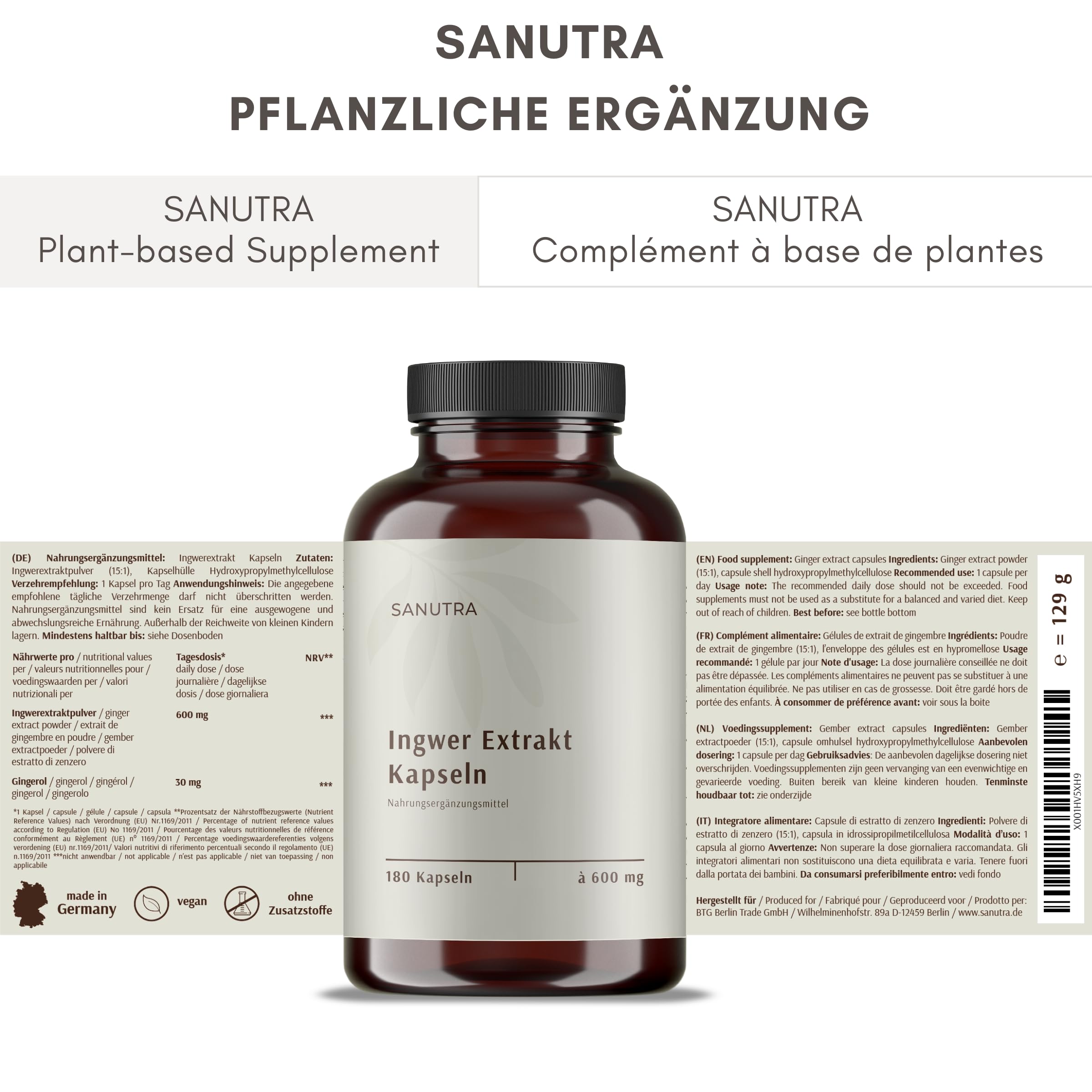 SANUTRA® Gélules de Gingembre – hautement dosées 15:1 extrait de gingembre avec 5% de gingérols, véganes, sans additifs, contrôlées résidus, fabrication allemande, 180 x 600 mg