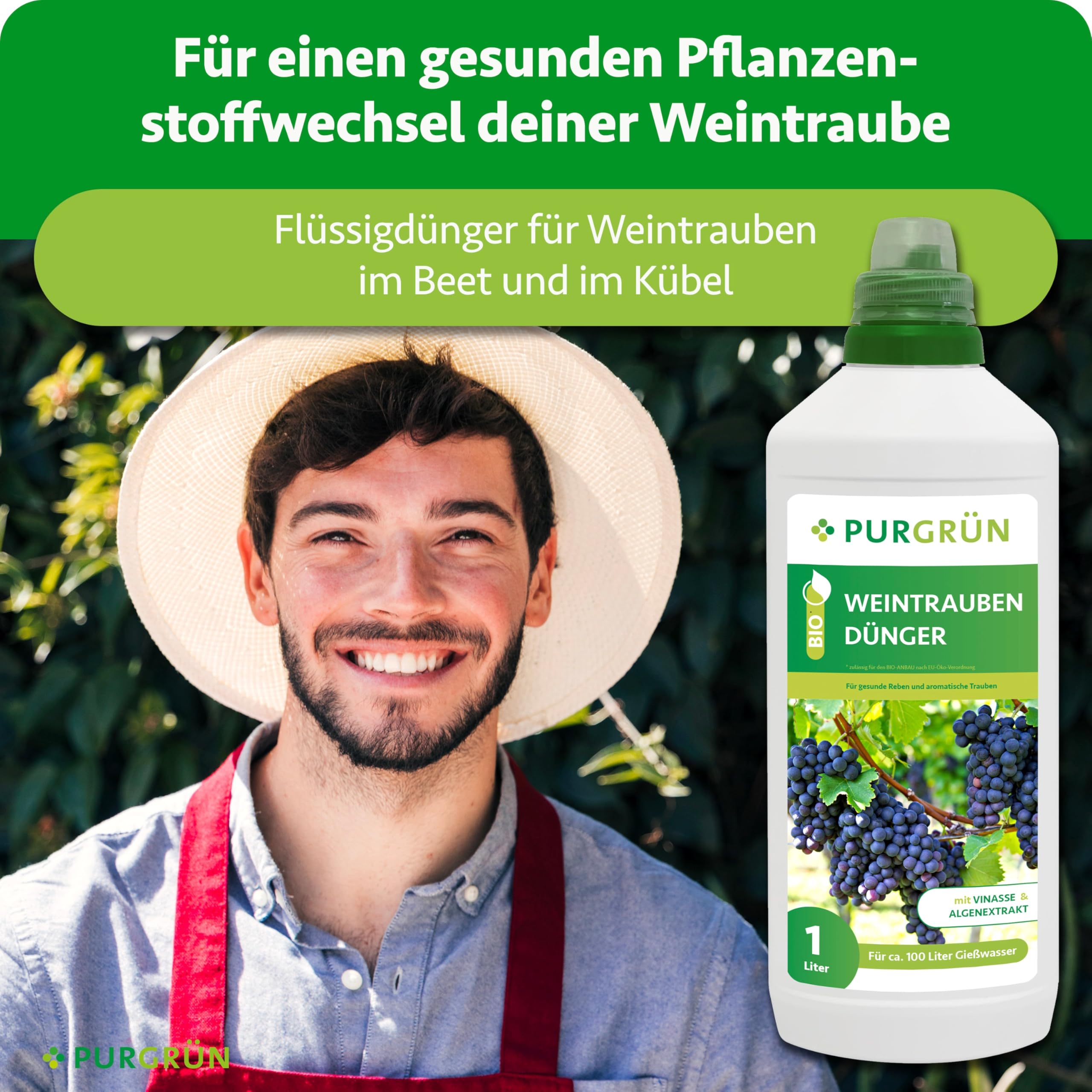 Bio-Weintrauben-Dünger 1 Liter – Organische Rezeptur – Premium-Flüssigdünger – NPK 4+1+7 – Mit Algenextrakt & Vinasse – Extra Kalium für aromatische Trauben – Ohne tierische Inhaltsstoffe