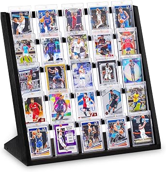 Card Display Stand, 5 Tier Trading Card Display, Wooden Graded Card Display, Sports Card Stand for Display Baseball, Basketball, Football Cards Collection Black