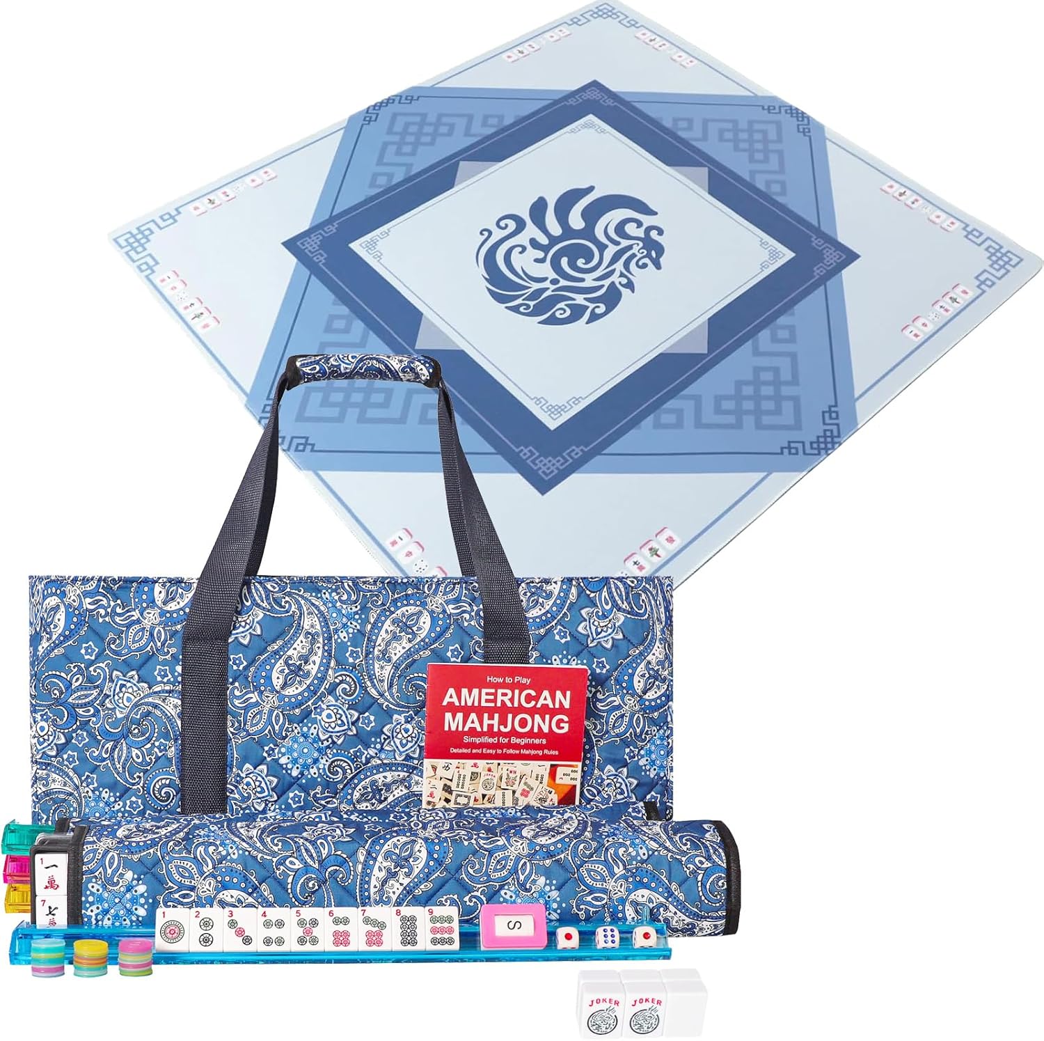 American Mahjong Game Set, 166 Quality White Tiles, 4 All-in-One Color Rack/Pushers, Mahongg Tile Set with Blue Printed Carrying Bag,Mahjong Mat with Black Carrying Bag (Blue,31.5 inches)