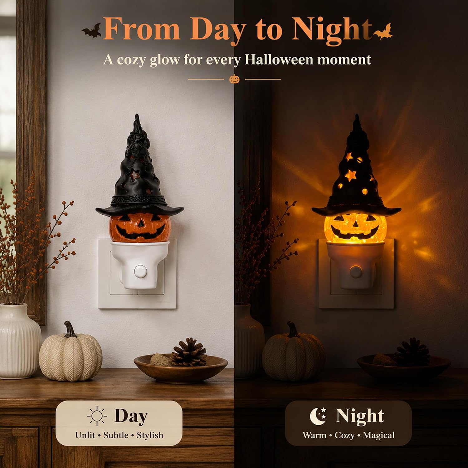 Halloween Pumpkin Witch Hat Plug In Night Light with Water Swirling Glitter image 3