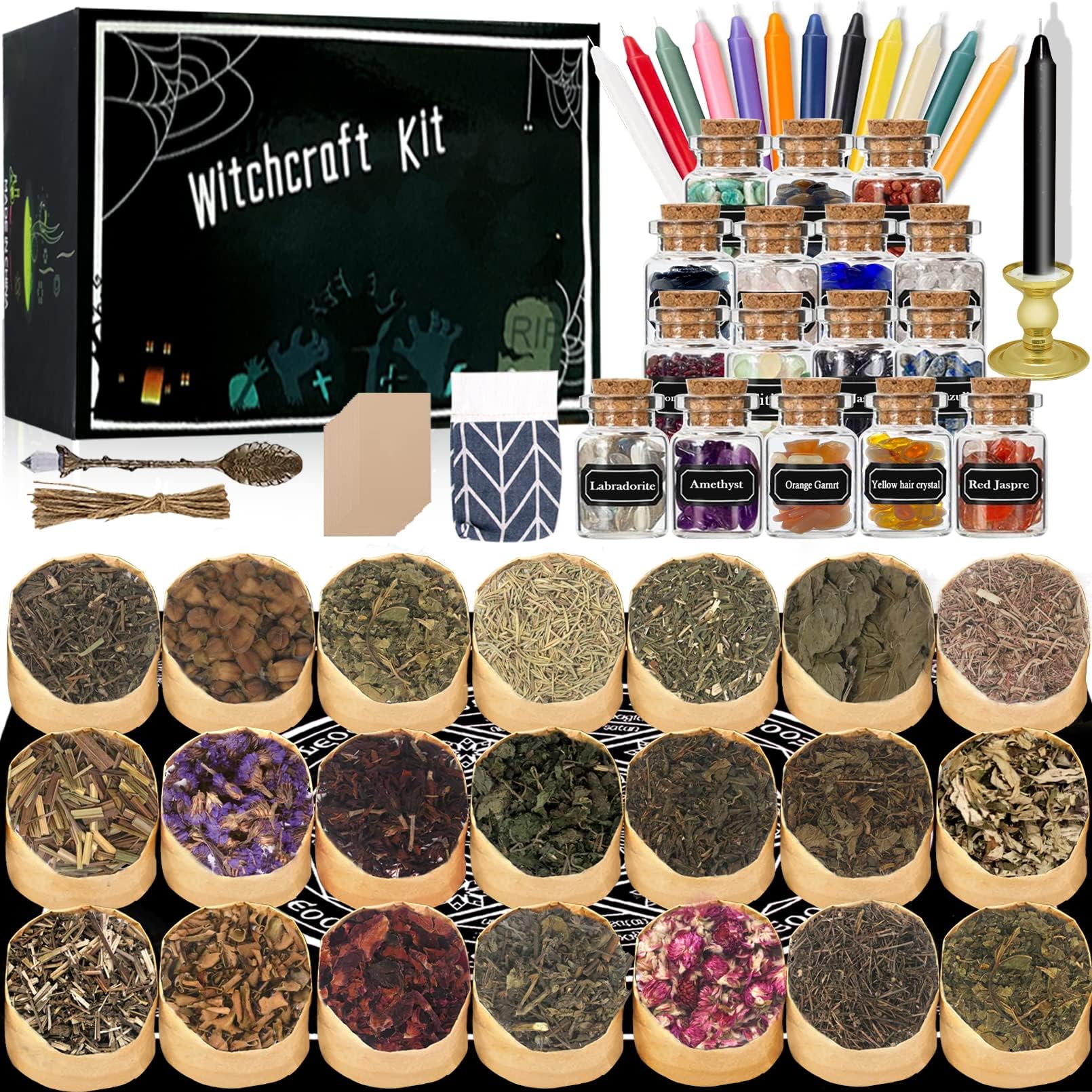 Witchcraft Supplies Kit, 86 PCS Wiccan Supplies and Tools, Include Dried Herbs, Crystal Jars, Colored Candles and Parchments, for Beginners Witches Pagan Altar Decor