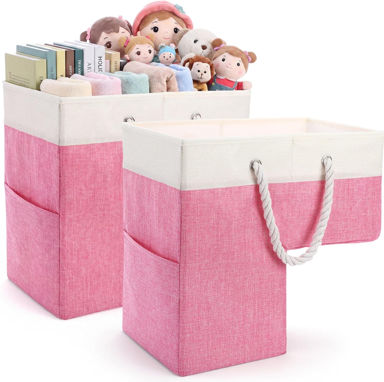 Hushee 2 Pcs Pink Stair Baskets Foldable Staircase Storage Baskets for Carpeted and Wooden Stairs 16" Step Collapsible Stairstep Storage Organizer with Rope Handle for Clothes, Books, Tools, Magazine