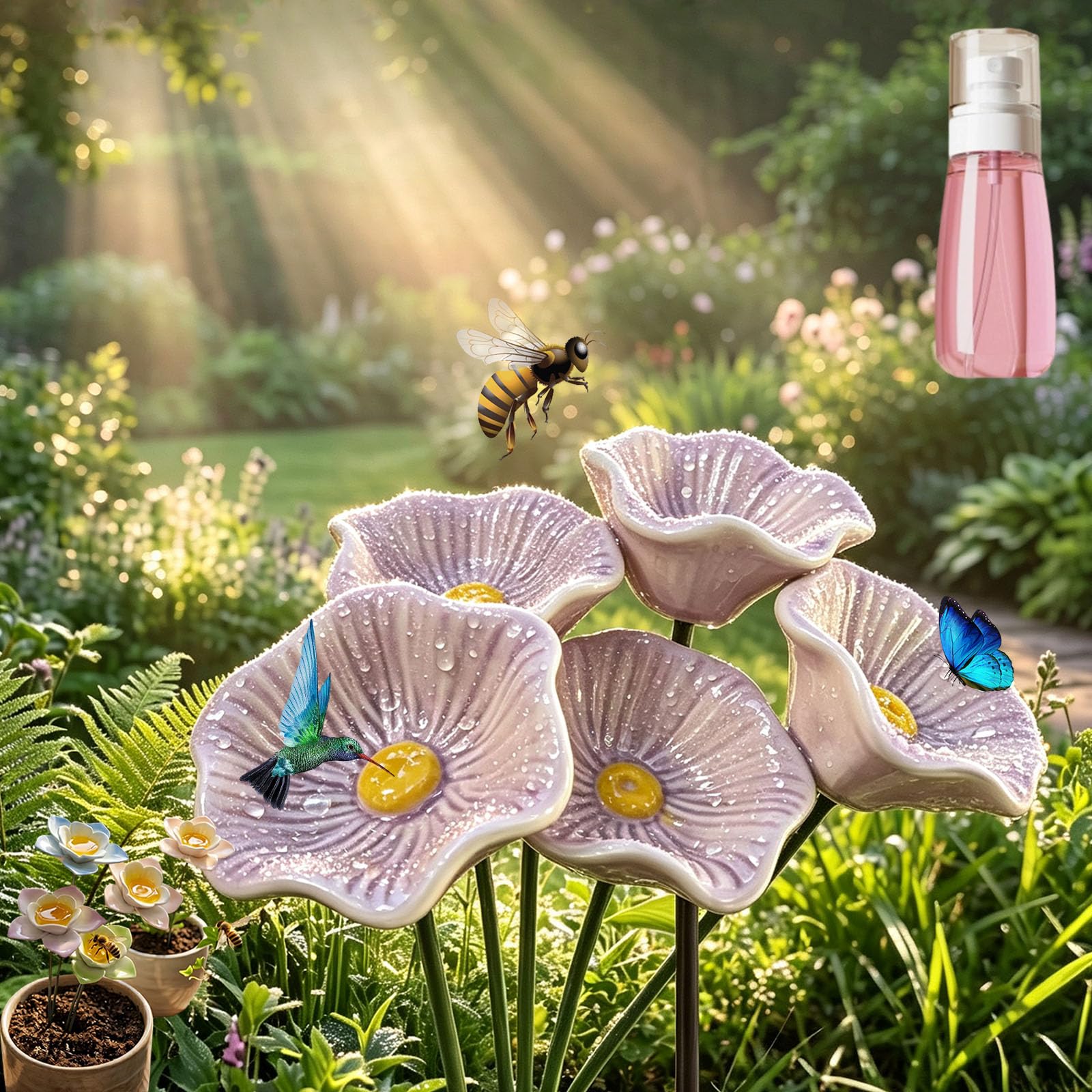 Handcrafted Ceramic Bee Watering Station, Colorful Flower Bee Drinking Cups for Garden, Butterfly Pollinator Water Station with Garden Stake, Outdoor Bee Feeder Decor for Yard & Porch (5pcs * purple)