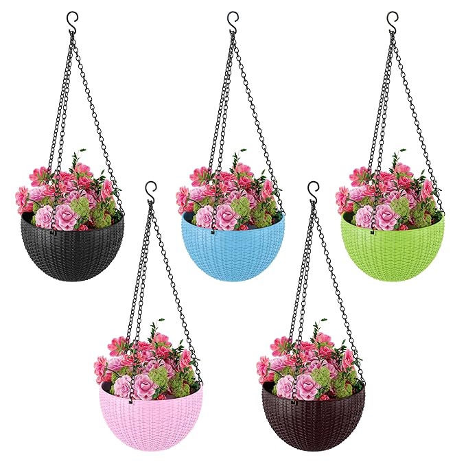 Crasts Plastic Hanging Pot, Multicolour, Pot Diameter -7.1 Inch, Pot Height -4.8 Inch, Pot Thickness -3 mm, Chain Length -13 inch Approx. (Pack of 05)