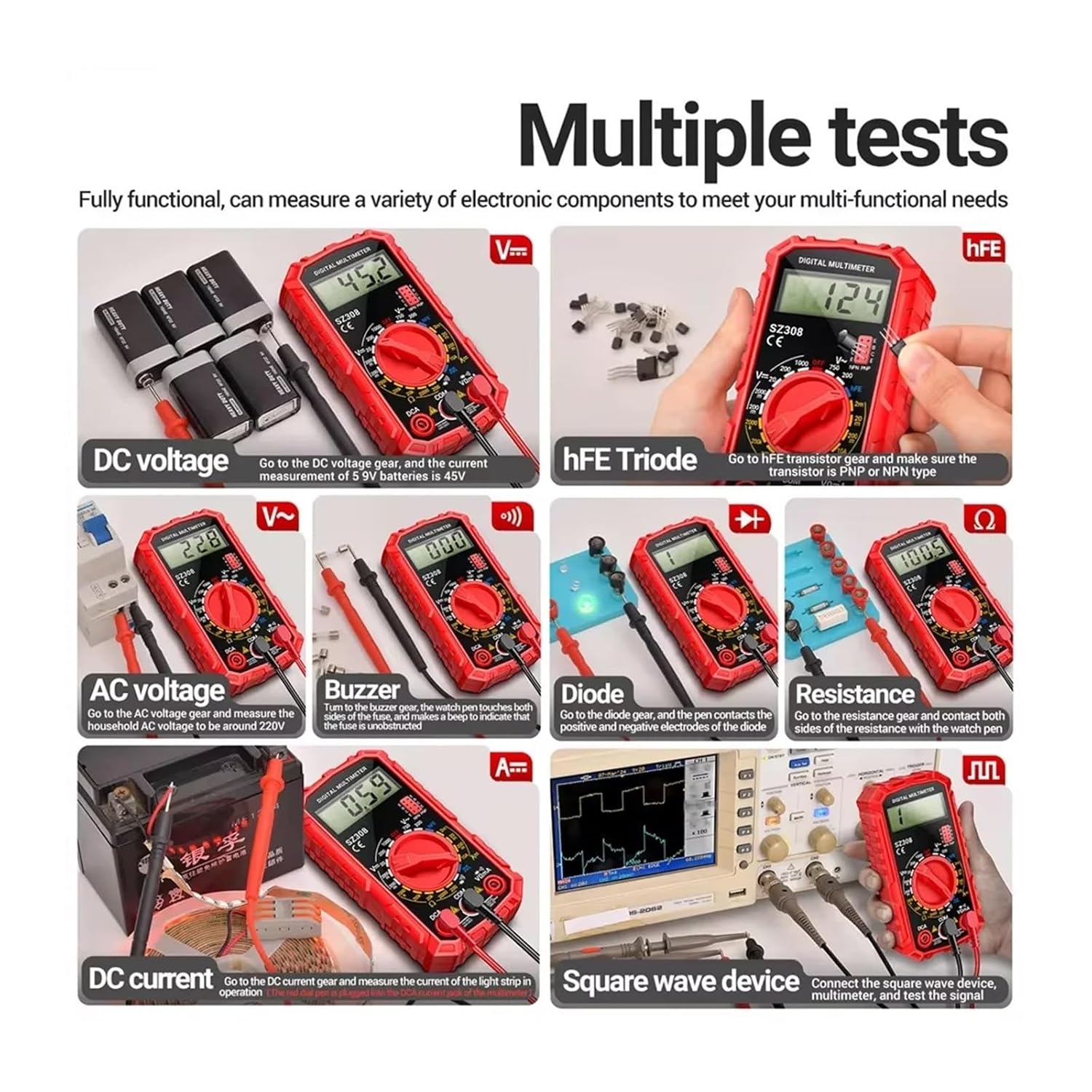 Multiple measurement functions of the SZ308 Digital Multimeter including DC voltage, hFE, AC voltage, buzzer, diode, resistance, DC current, and square wave
