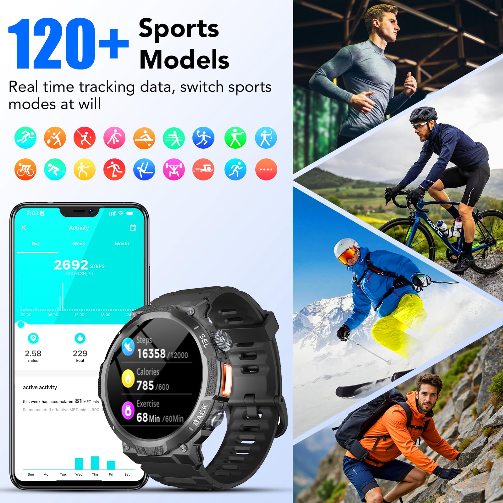 Military Smart Watches for Men(Answer/Make Calls), 1.53" HD Fitness Watch, Heart Rate Sleep Monitor, Smart Watch for Men,120+ Sport Modes, IP68 Waterproof Smartwatch for Android iOS, 30Day, Black - 3