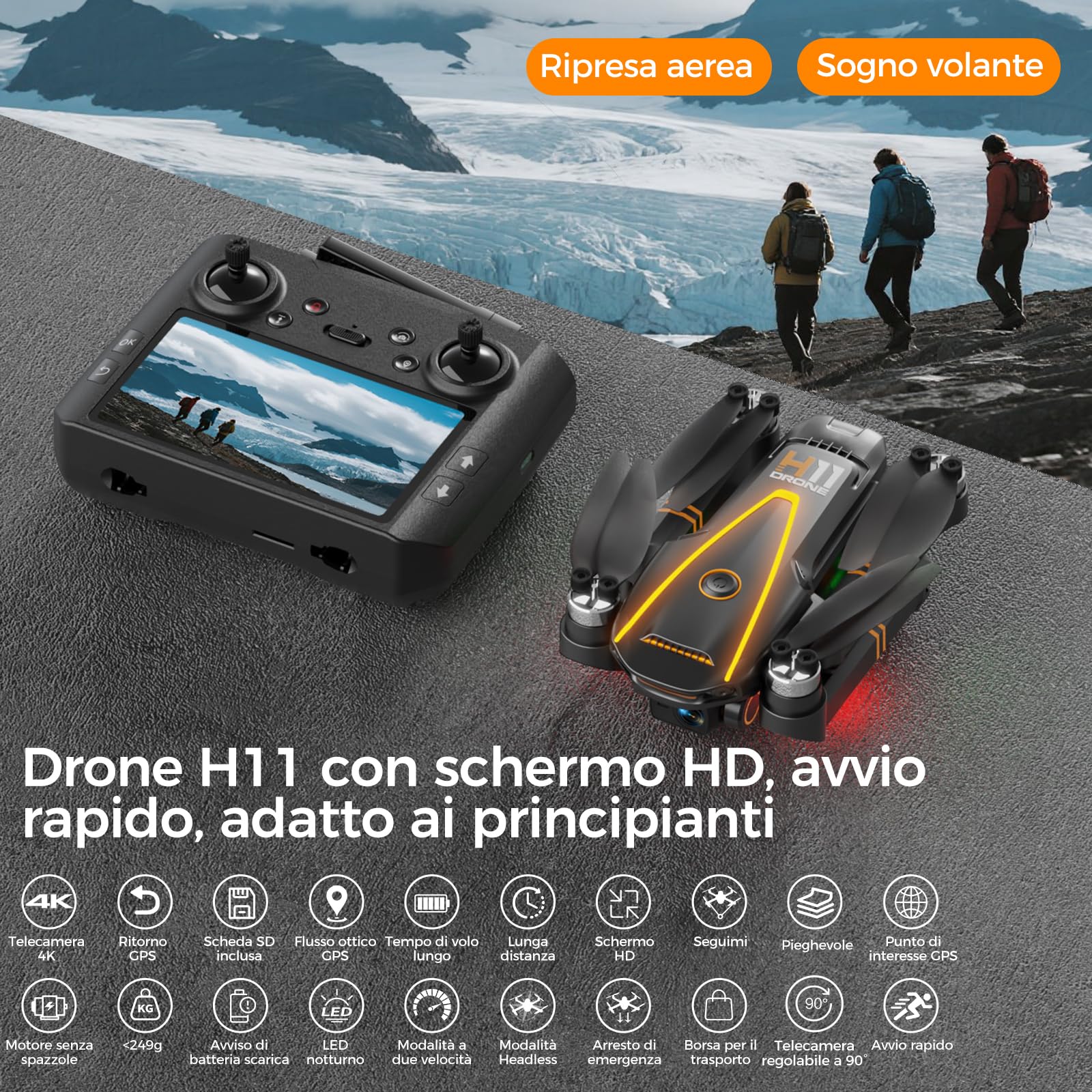 H11 GPS Drone con Telecamera 4K Professionale (Radiocomando con Schermo) FPV RC Droni con Motor Brushless, Return Automatico, autonomia di volo di 45 minuti, 2 batterie, meno di 249g, C0