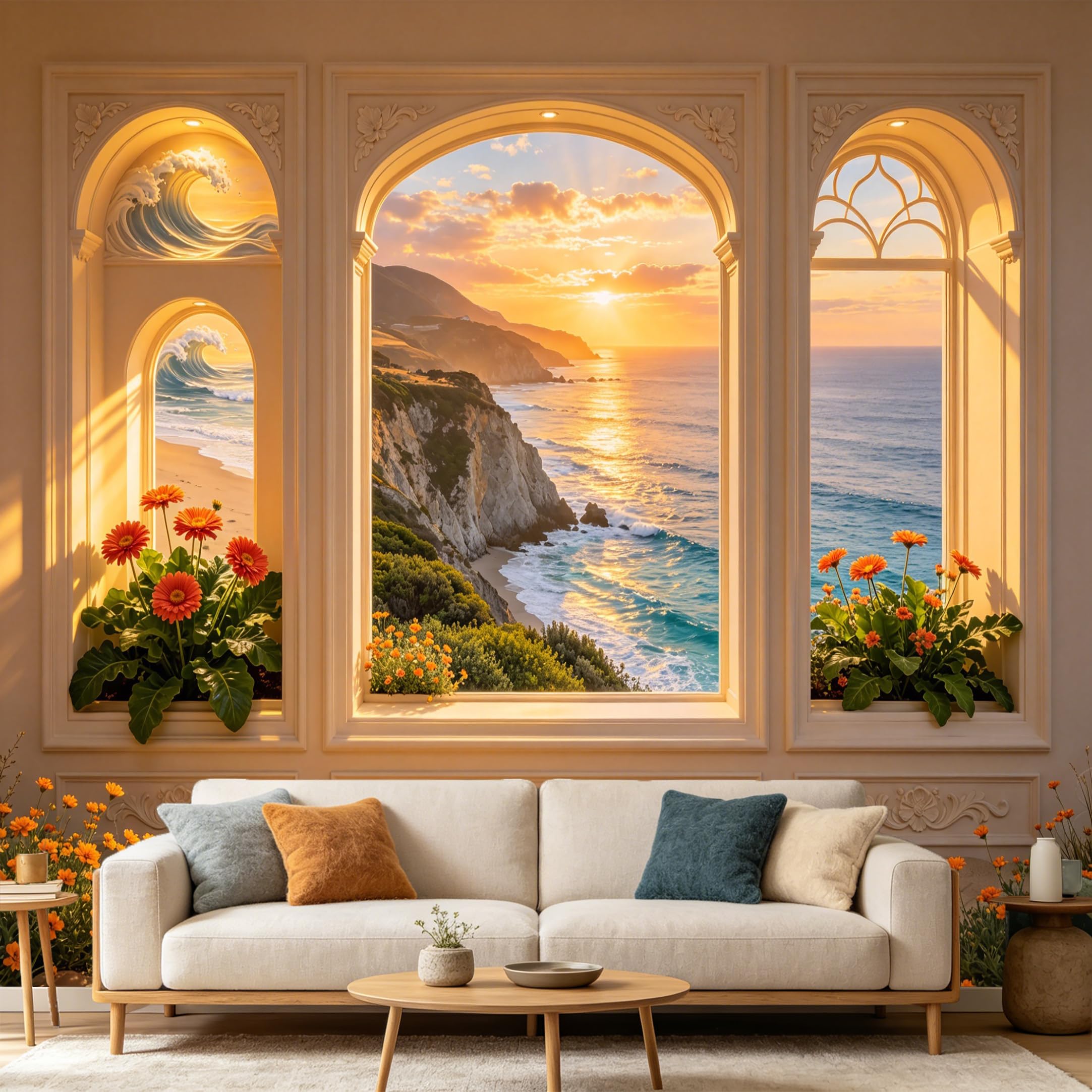 Custom Size Wall Mural， Coastal Sunset Ocean View Arch Window Tropical Flowers 3D Trompe L'Oeil， SelfAdhesive Art Prints wall Fabric Removable Large Wallpaper Home Living Room Decor