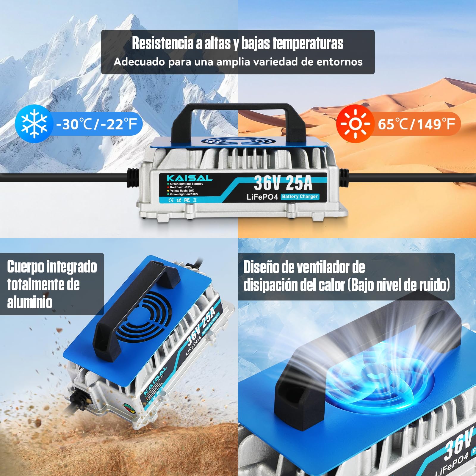 KAISAL 43.8V 25A Cargador de Bateria Litio, Cargador para 36V/38.4V Bateria LiFePO4, Cargador de Bateria Litio IP67 Impermeable,Carga Inteligente Automática,Función de Protección de Seguridad
