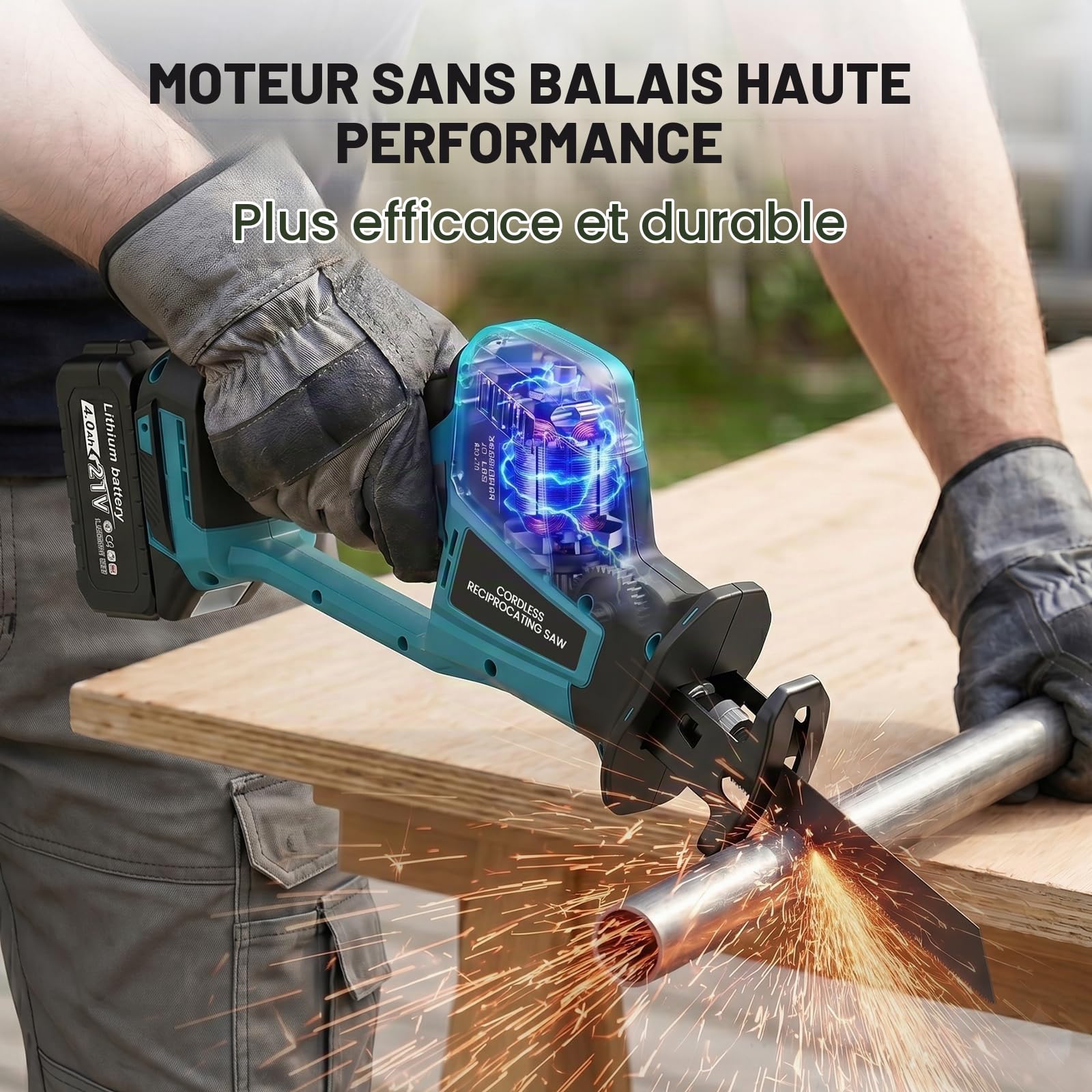 Scie Sabre Sans Fil avec 2 Batteries 4.0Ah, Moteur Brushless 0-3100 SPM, Course 22 mm, Compatible avec Makita 18V, Vitesse Variable, 4 Lames, Chargeur pour Couper Bois, Métal et PVC