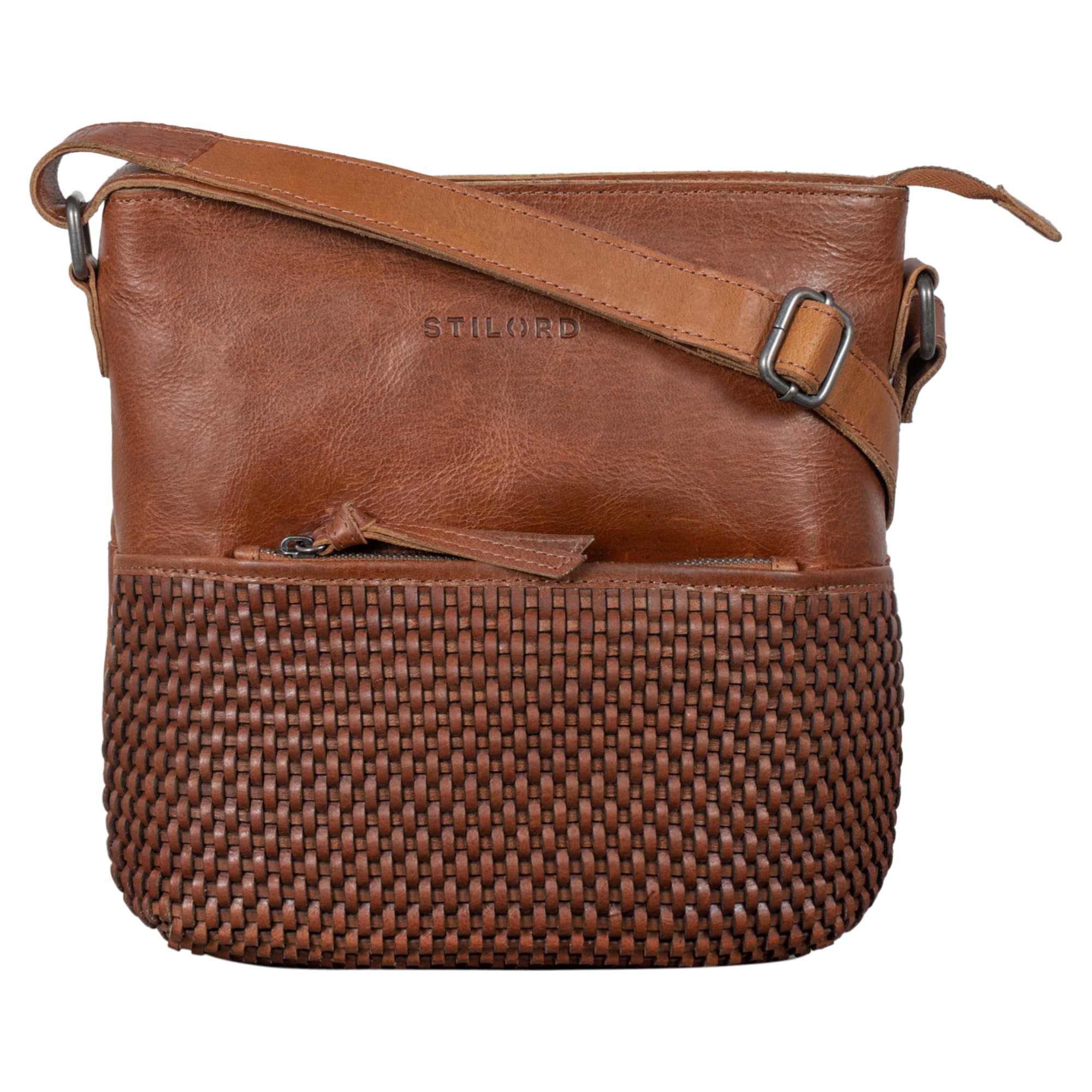 STILORD "Liz" Borsa Donna in Pelle Intrecciata Donna Vintage Borsa a Spalla con Manici Lunghi Borsa a Mano per DIN A4 e MacBook da 13,3 Pollici Cuoio Elegante Colore:toretto - marrone scuro