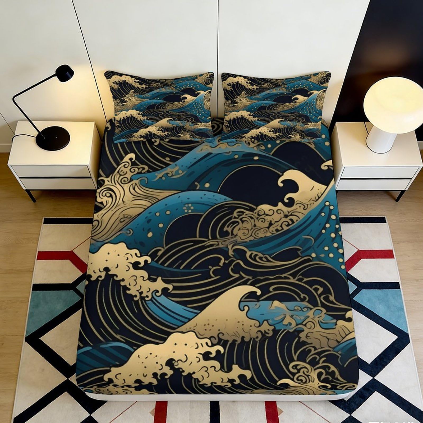 Jqzkxnhpbr Style-9 3D Printed Ocean Wave Fitted Sheet Microfiber Soft Deep Sea Art Bed Cover Bedroom Dorm Mattress Decor 90X200x25cm
